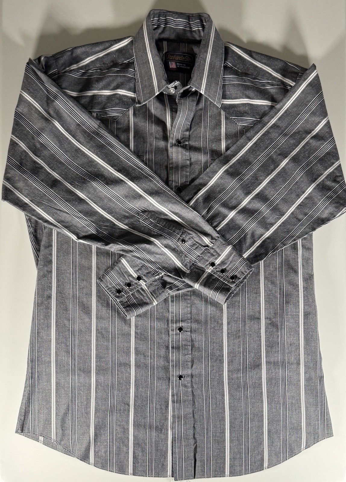 Panhandle Slim Western Shirt Large Vintage Gray Black Snap Cowboy Made USA