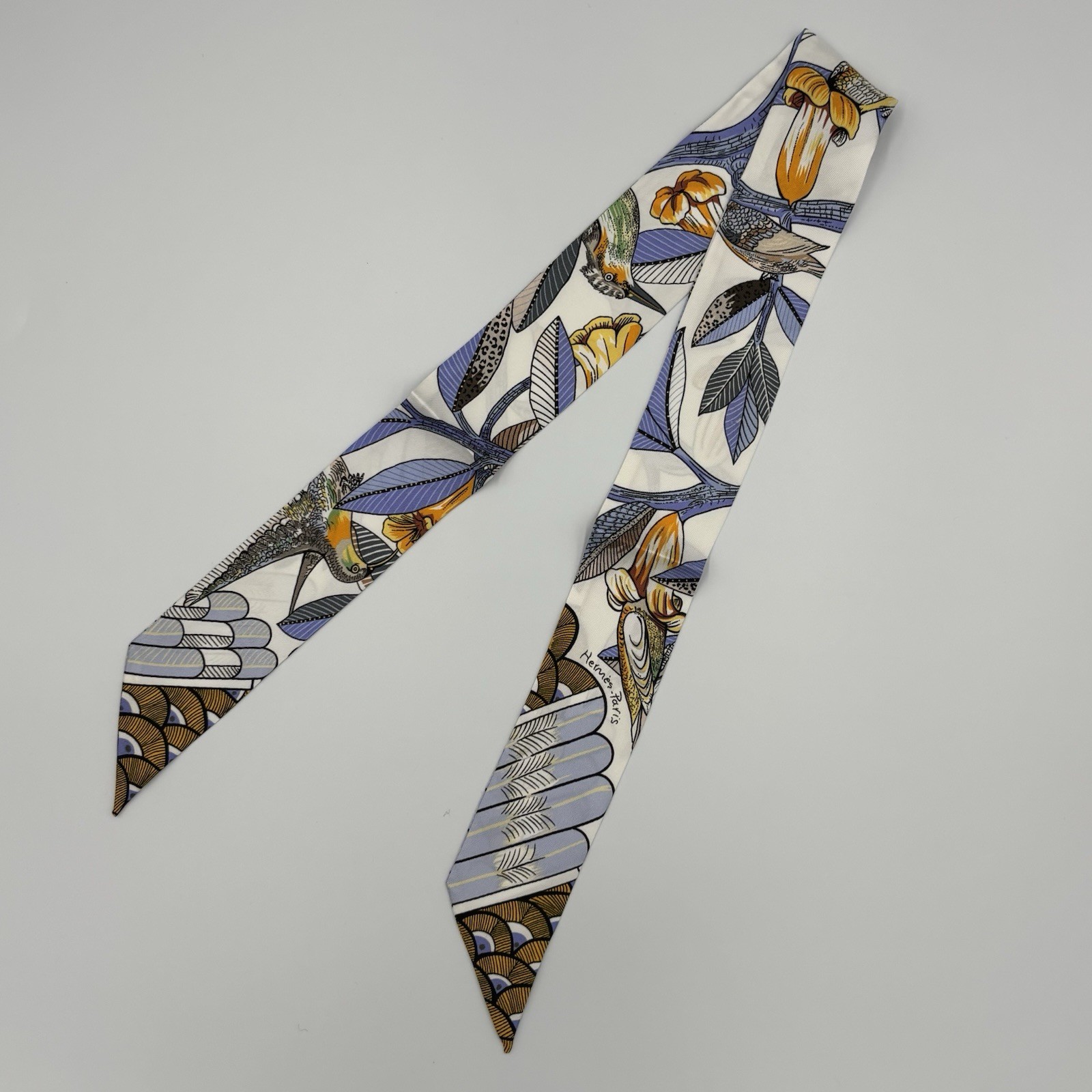 Hermes Tree of Song Twilly Scarf Ivory Blue Orange Bird Floral Feather Print