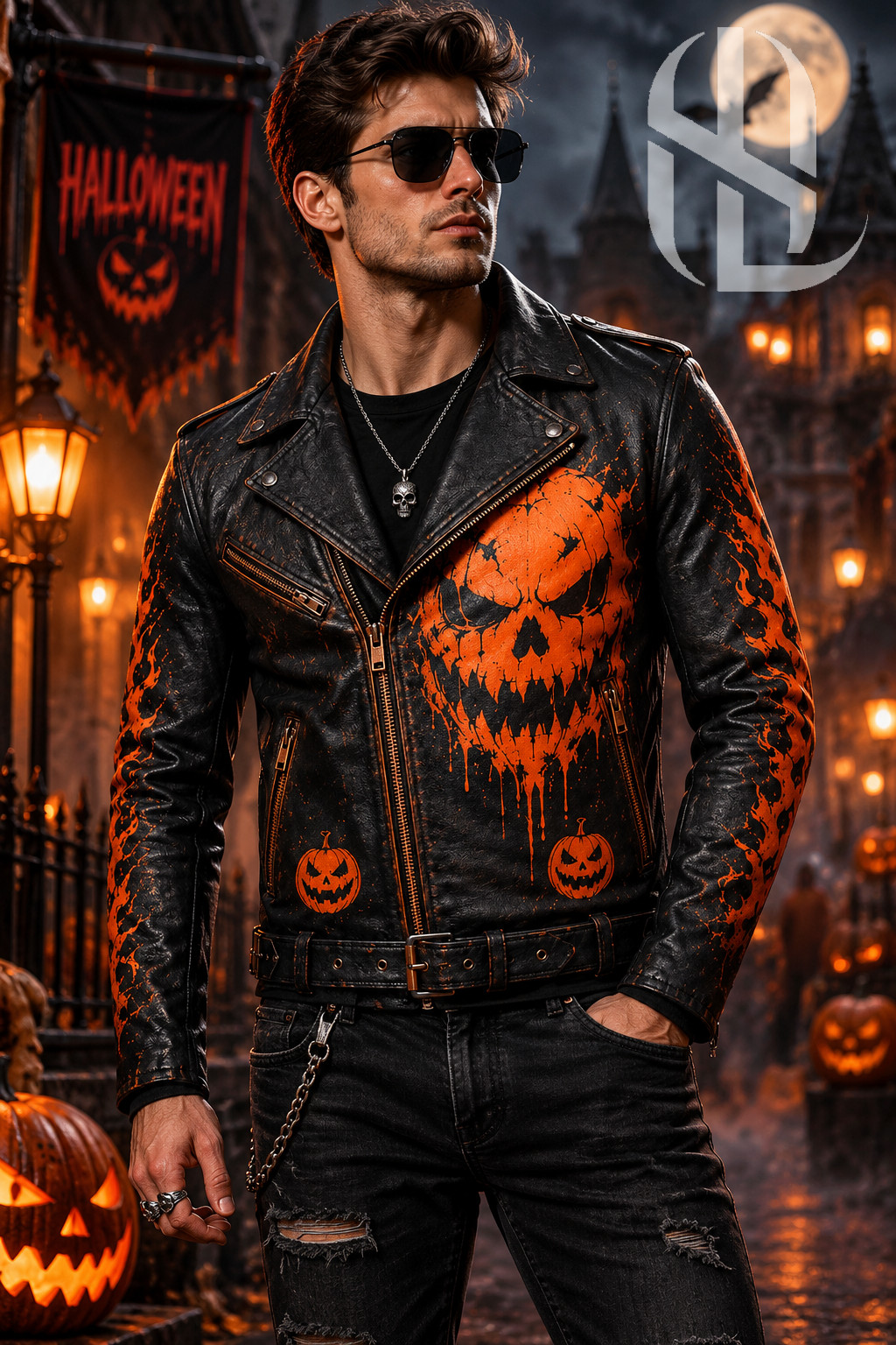 Men\'s Black Leather Biker Jacket Halloween Orange Skull Gothic Punk Motorcycle