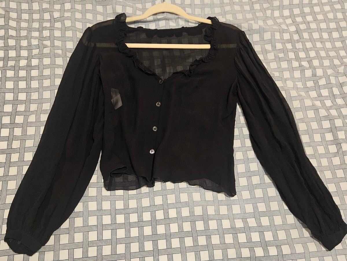 Philosophy di Alberta Ferretti Black Sheer Ruffle-Neck Silk Blouse Made in Italy