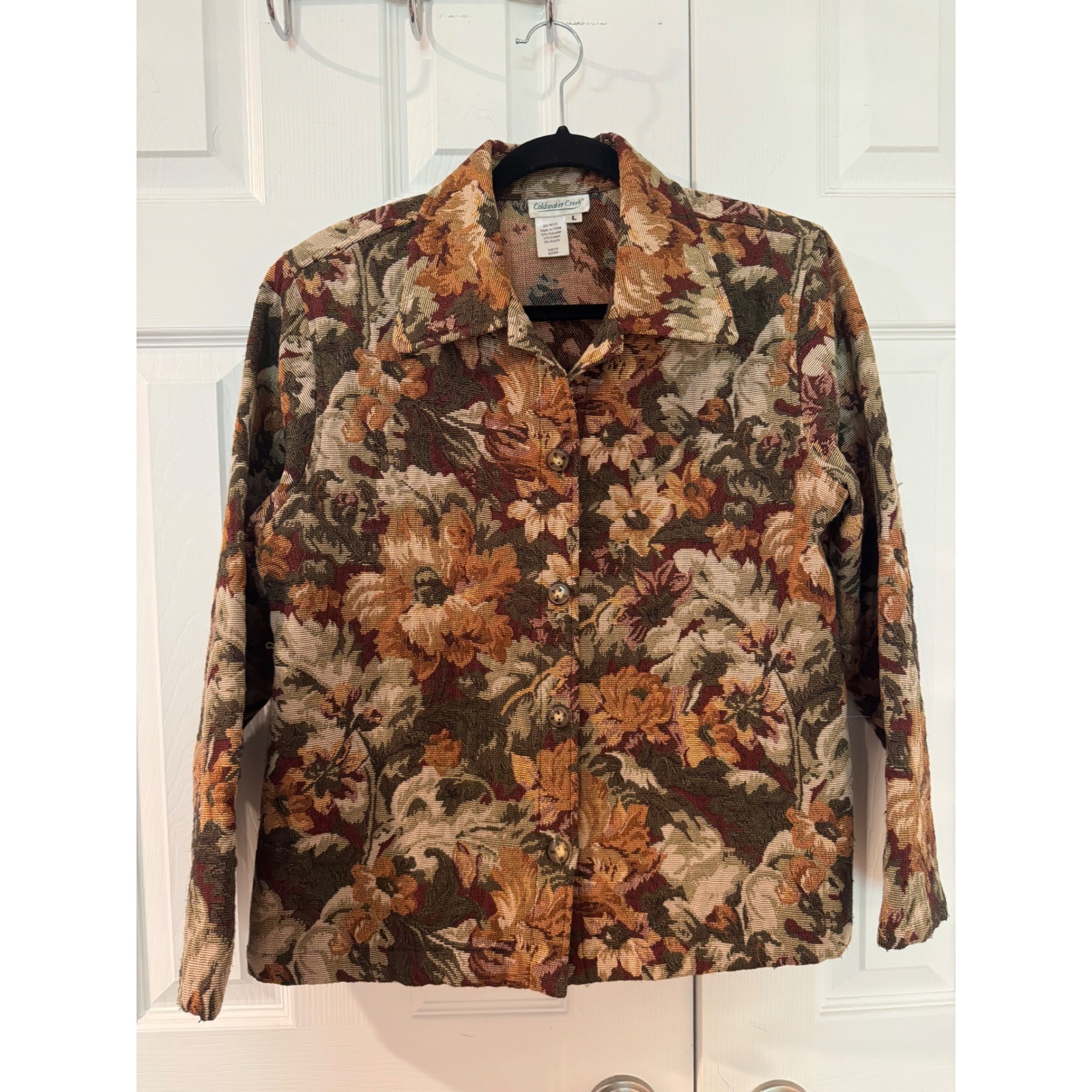 Coldwater Creek Vintage Floral Tapestry Jacket Brown Earth Tone Button Front Lg