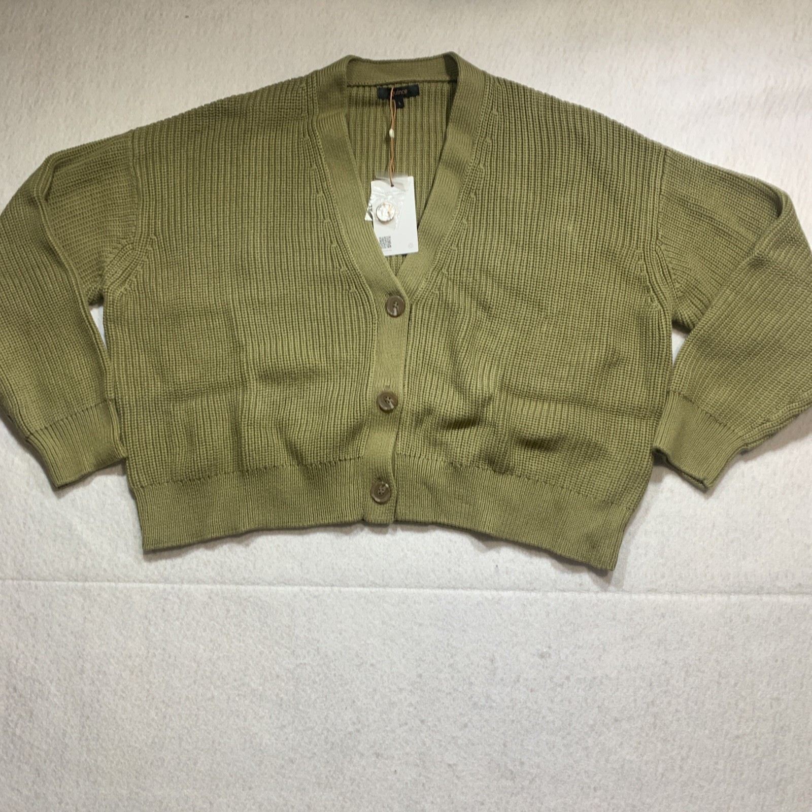 Quince Herb Green Fisherman Boxy Cropped 100% Organic Cotton  Sweater Sz L