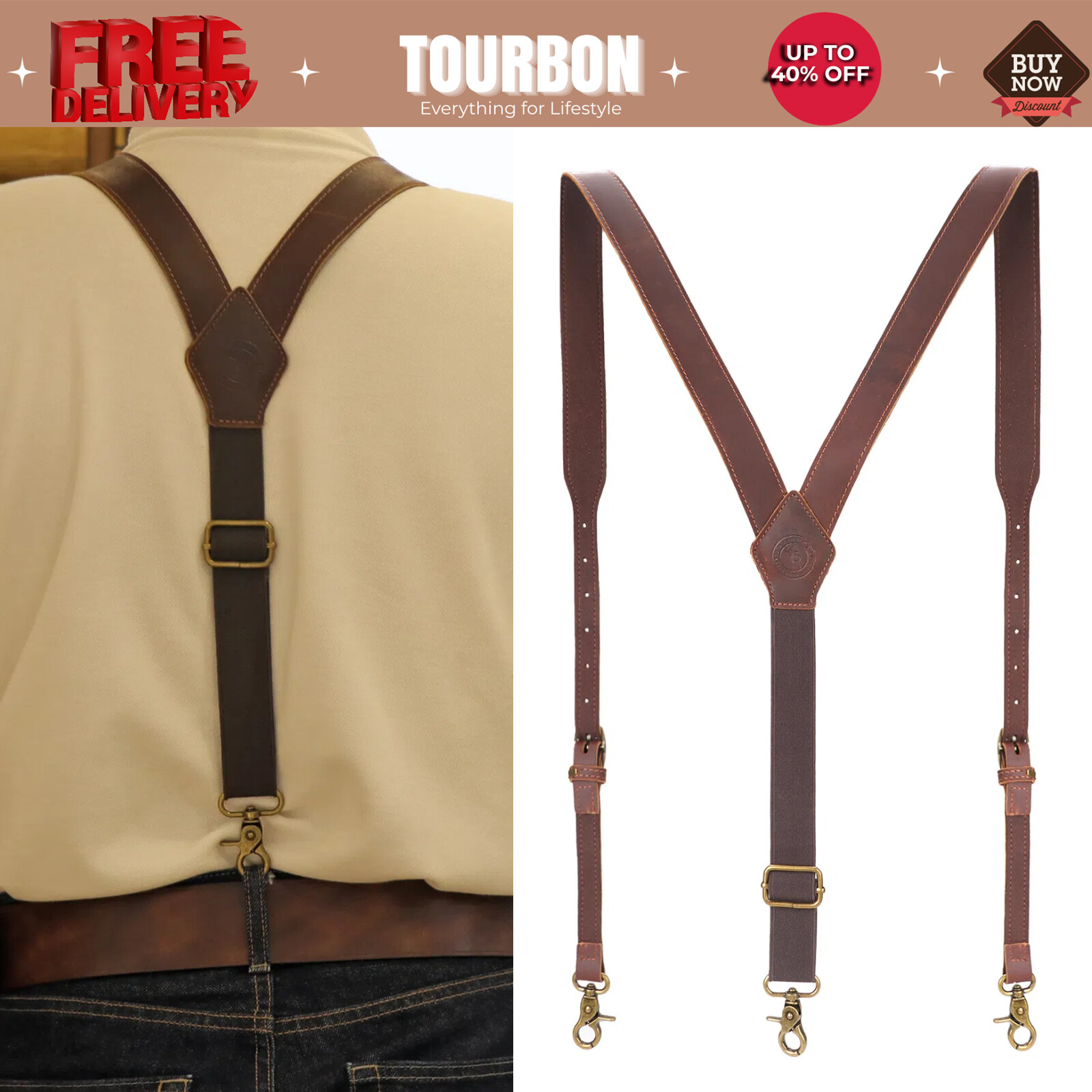 Tourbon Men\'s Suspenders Y Back Adjustable Leather Y-Shaped Hooks Pants Braces