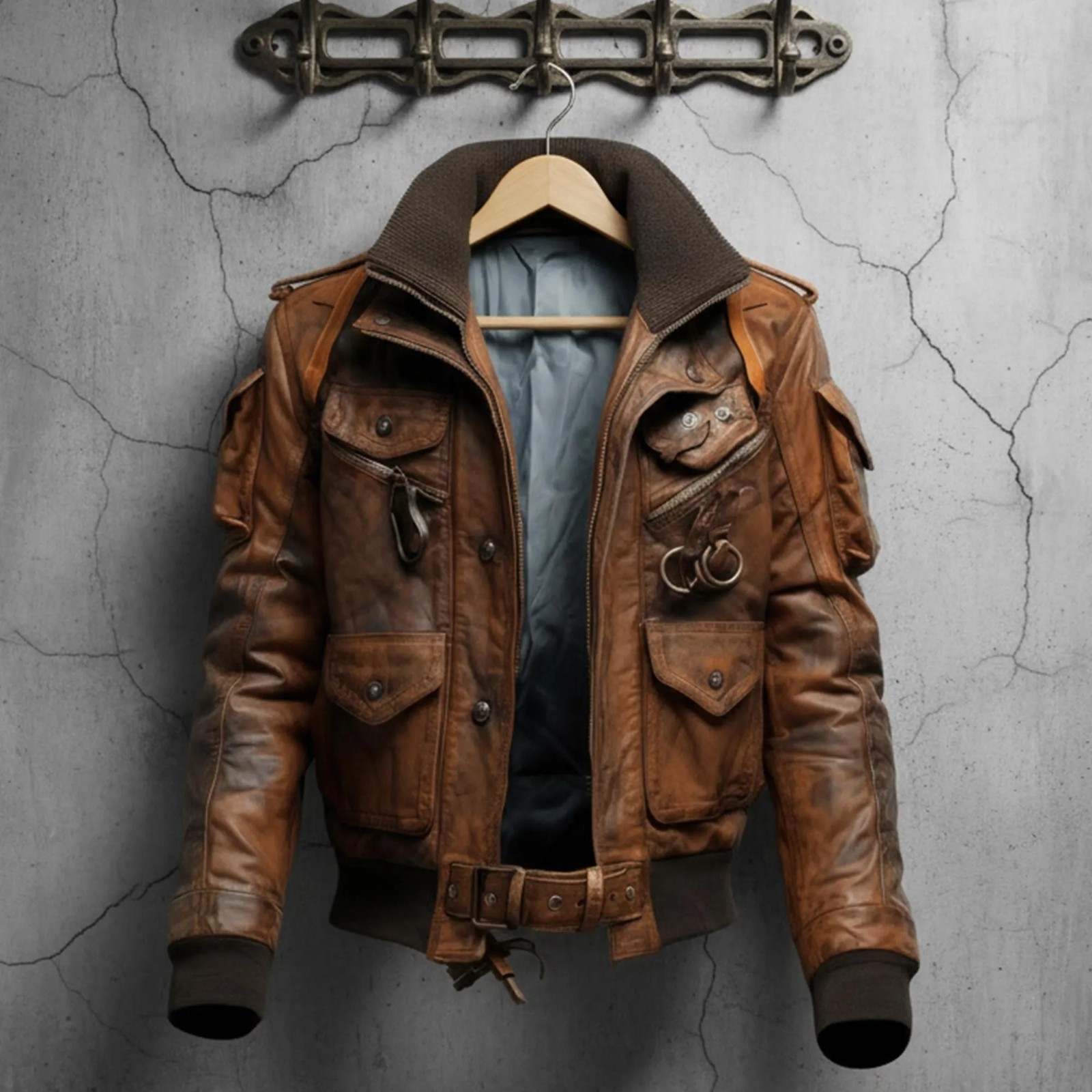 Men's Distressed Brown Bomber Leather Jacket Vintage Aviator Multi Pocket Elite