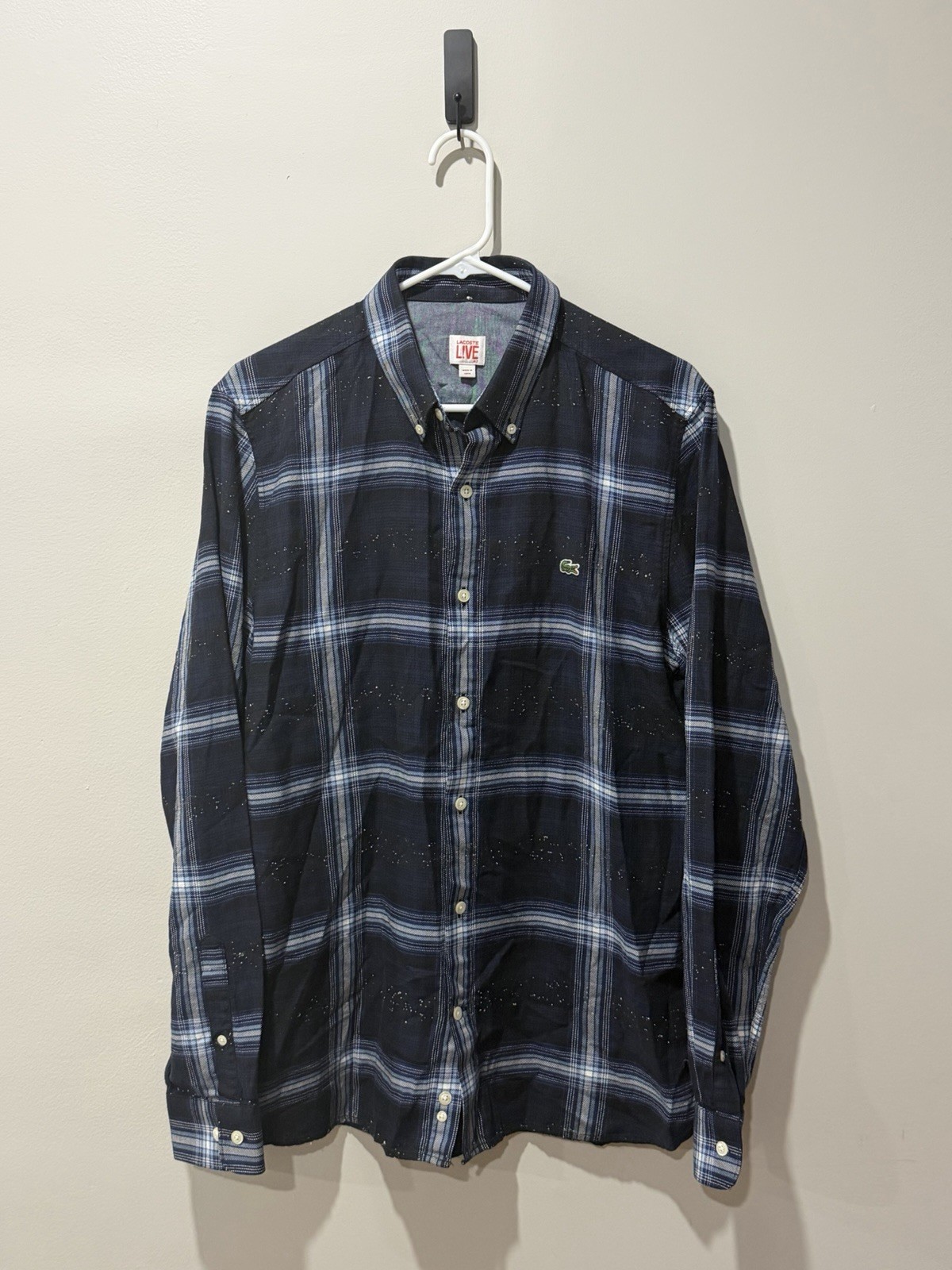 Lacoste Live 42 Check Plaid Casual Button Down Shirt Logo EXCELLENT