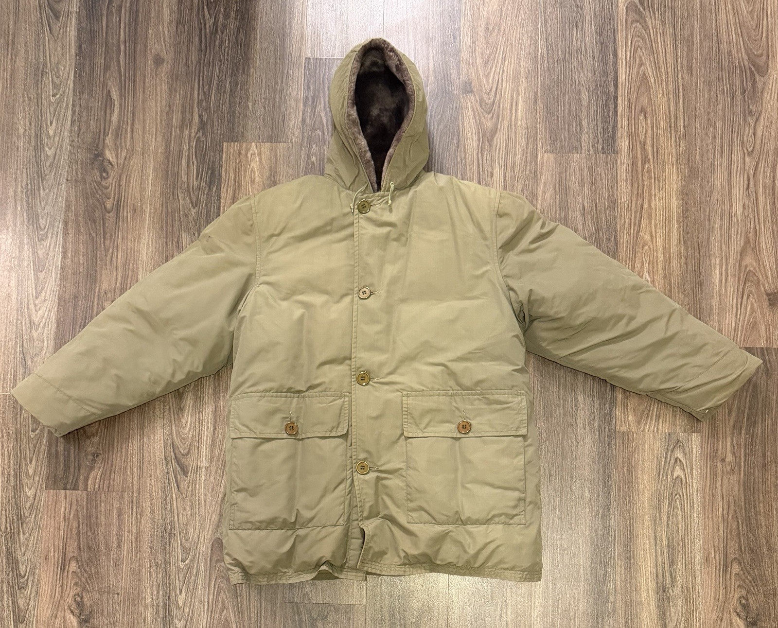 Vintage 50s 60s Eddie Bauer Goose Down Blizzard Proof Army Green Fur Hood Parka