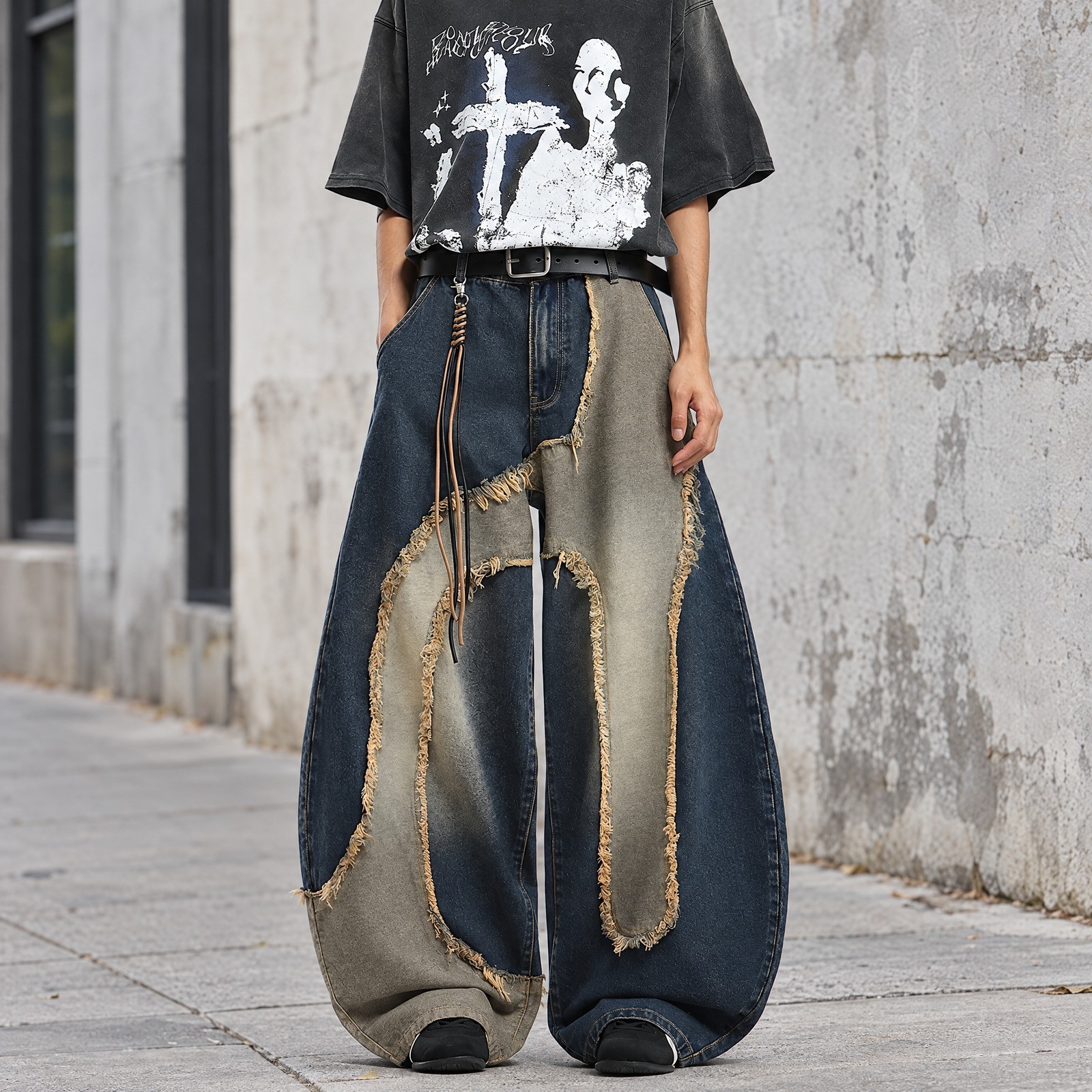 Y2K Patchwork Baggy Jeans Mens Two Tone Frayed Wide Leg Oversized Denim Pants