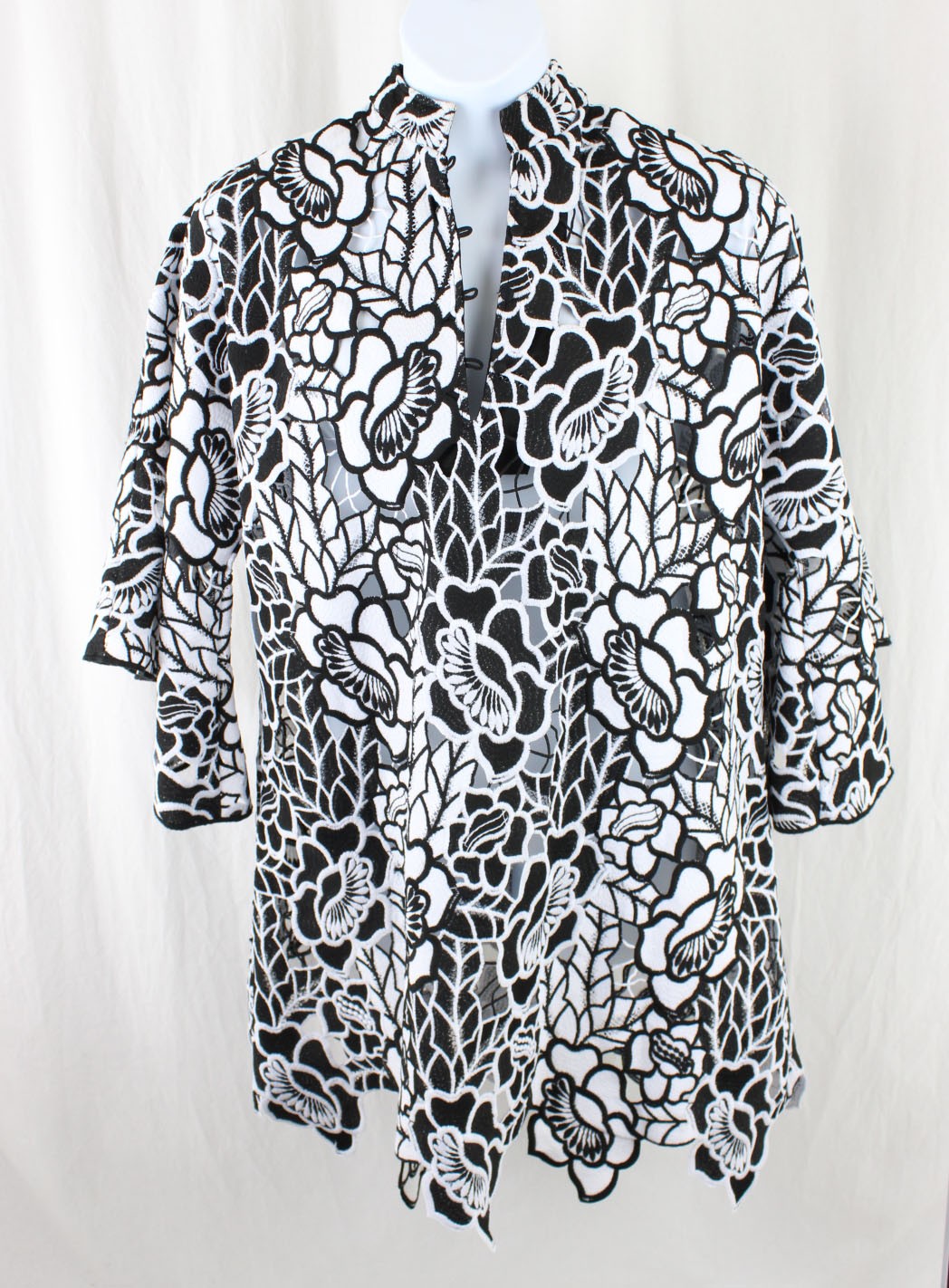 La Vie Style House Black White Eyelet Bell Sleeve Cover Up Mini Dress OS