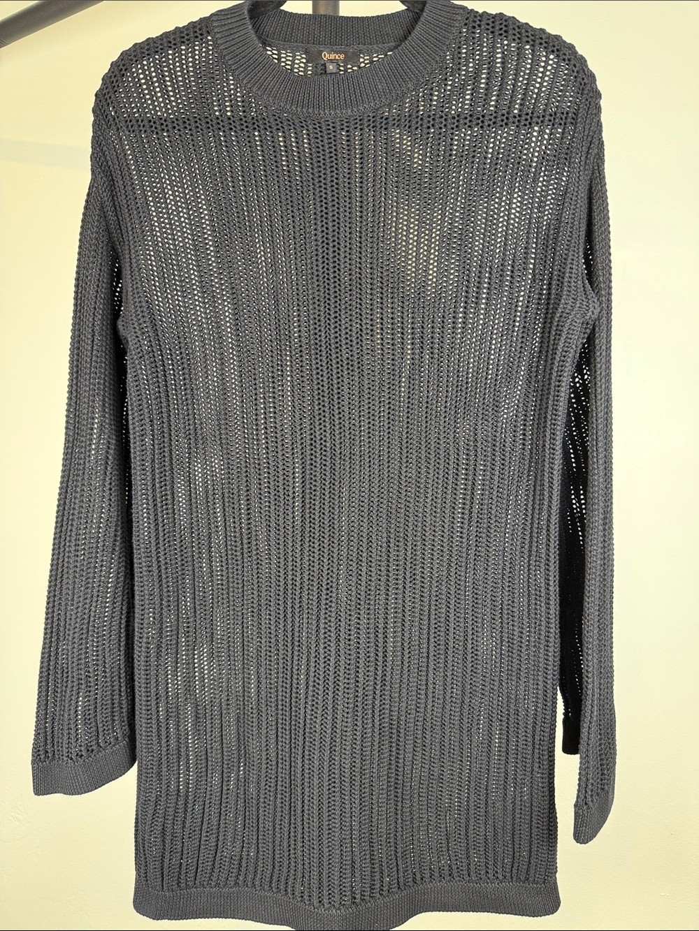 Quince Black Open Knit Mesh Texture Transitional Long Sleeve Tunic Dress Small
