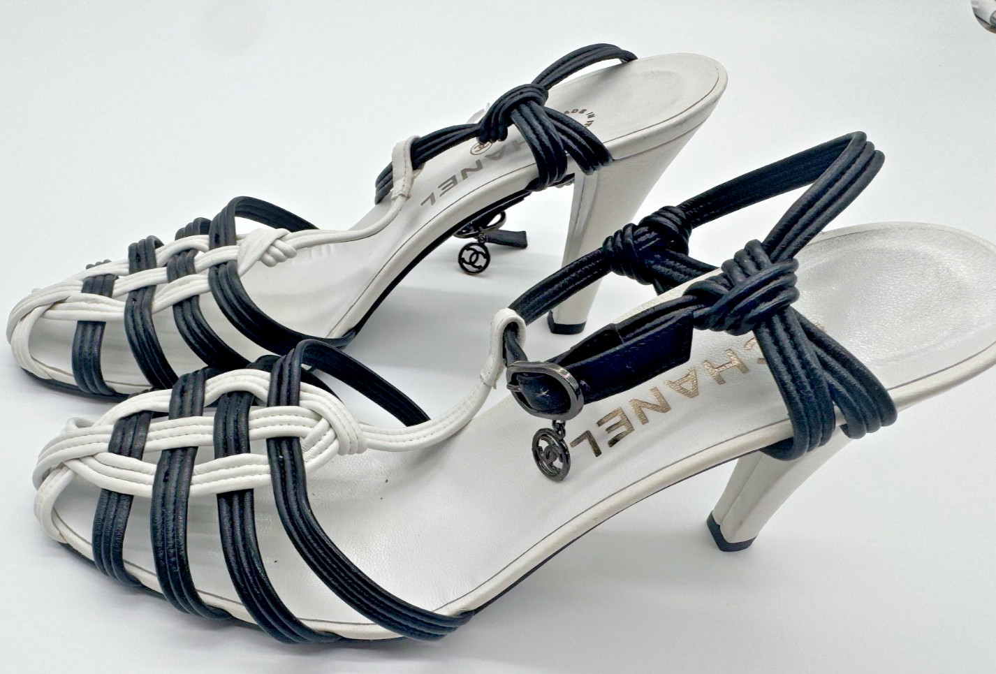 Chanel Black White Leather Strappy Ankle Strap Heels Size 40.5 / US 9.5