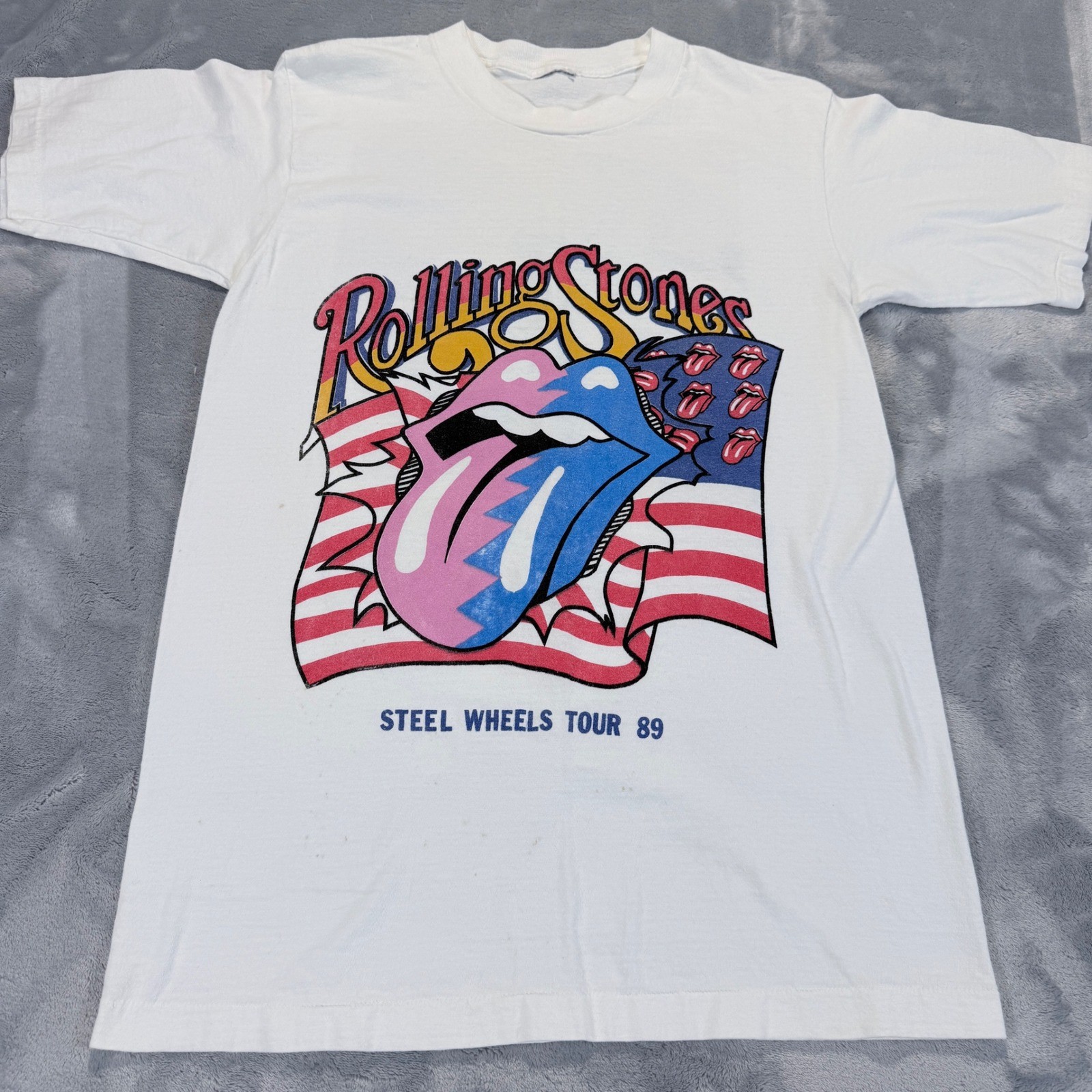 Rolling Stones Steel Wheels Tour 89 Vintage T-Shirt North American Tour White