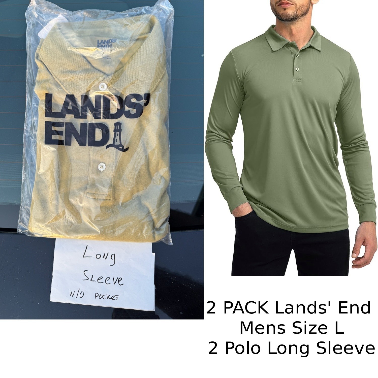 2 Pack Lands\' End Mens L Simple Olive Long Sleeve Interlock Cotton Polo Shirt