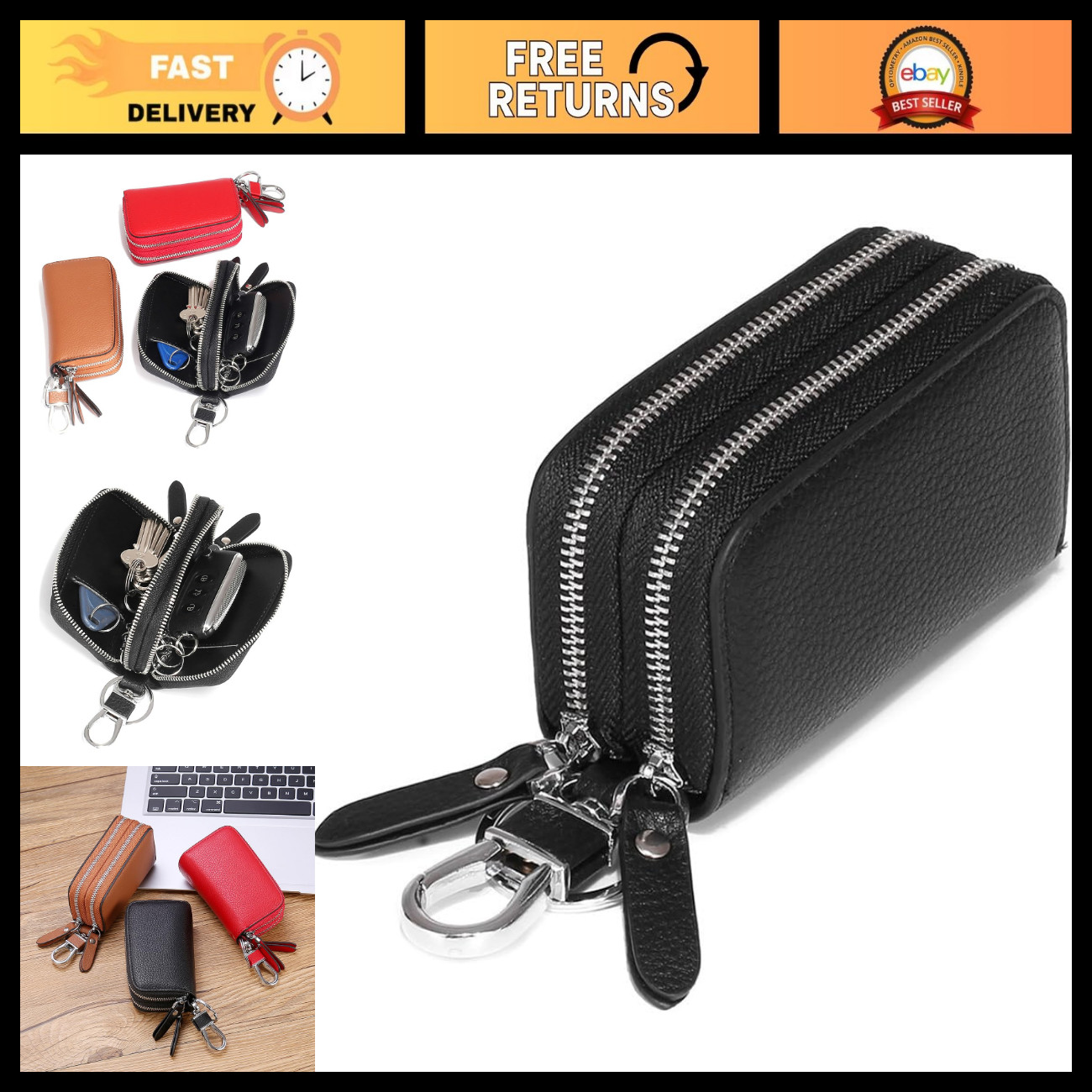 Genuine Leather Key Fob Case - Double Zipper Car Key Holder & Wallet Pouch Gift