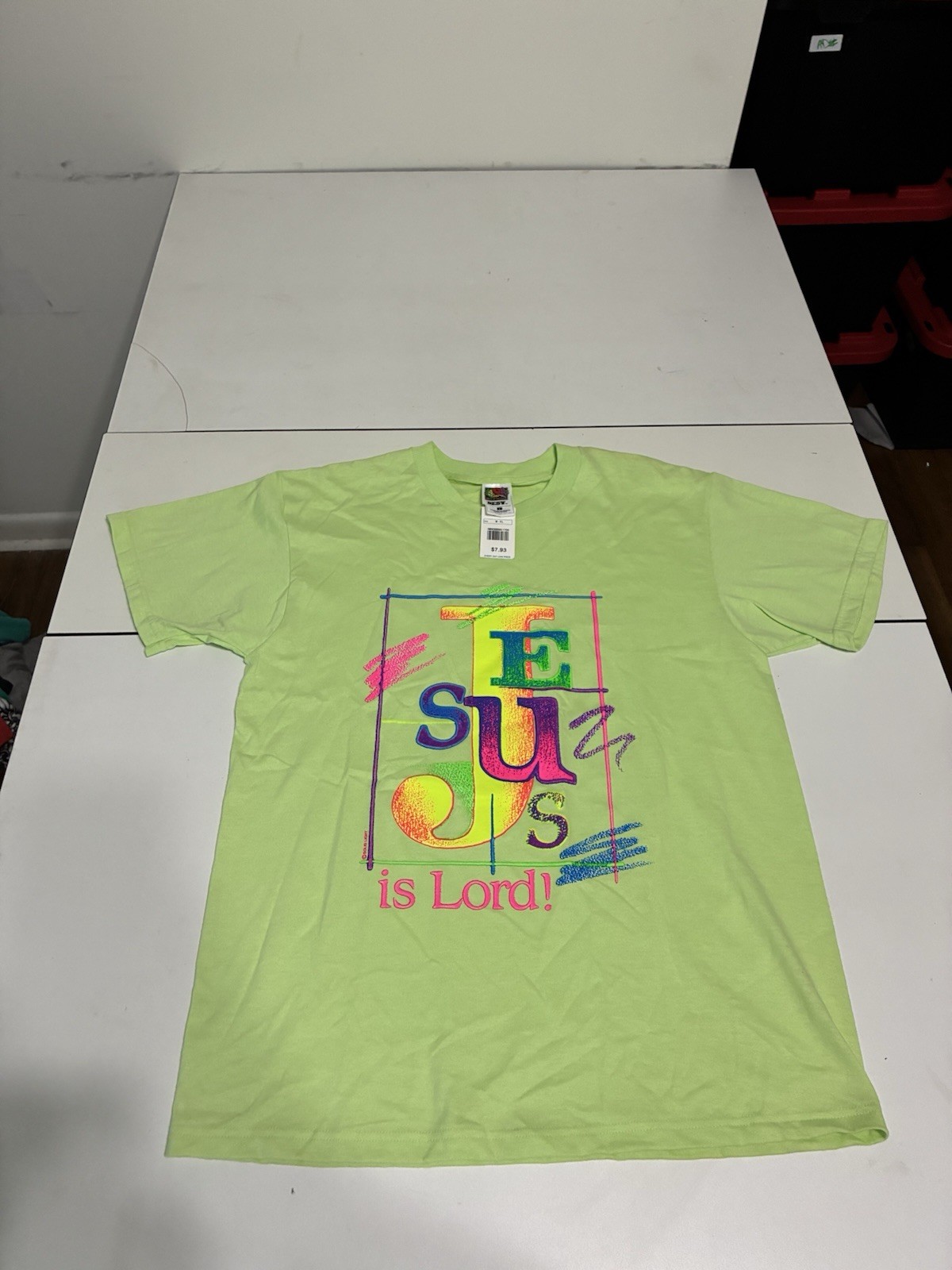 Vintage Jesus Is Lord Shirt Large Neon Green Christian Faith Summer Religion 90s