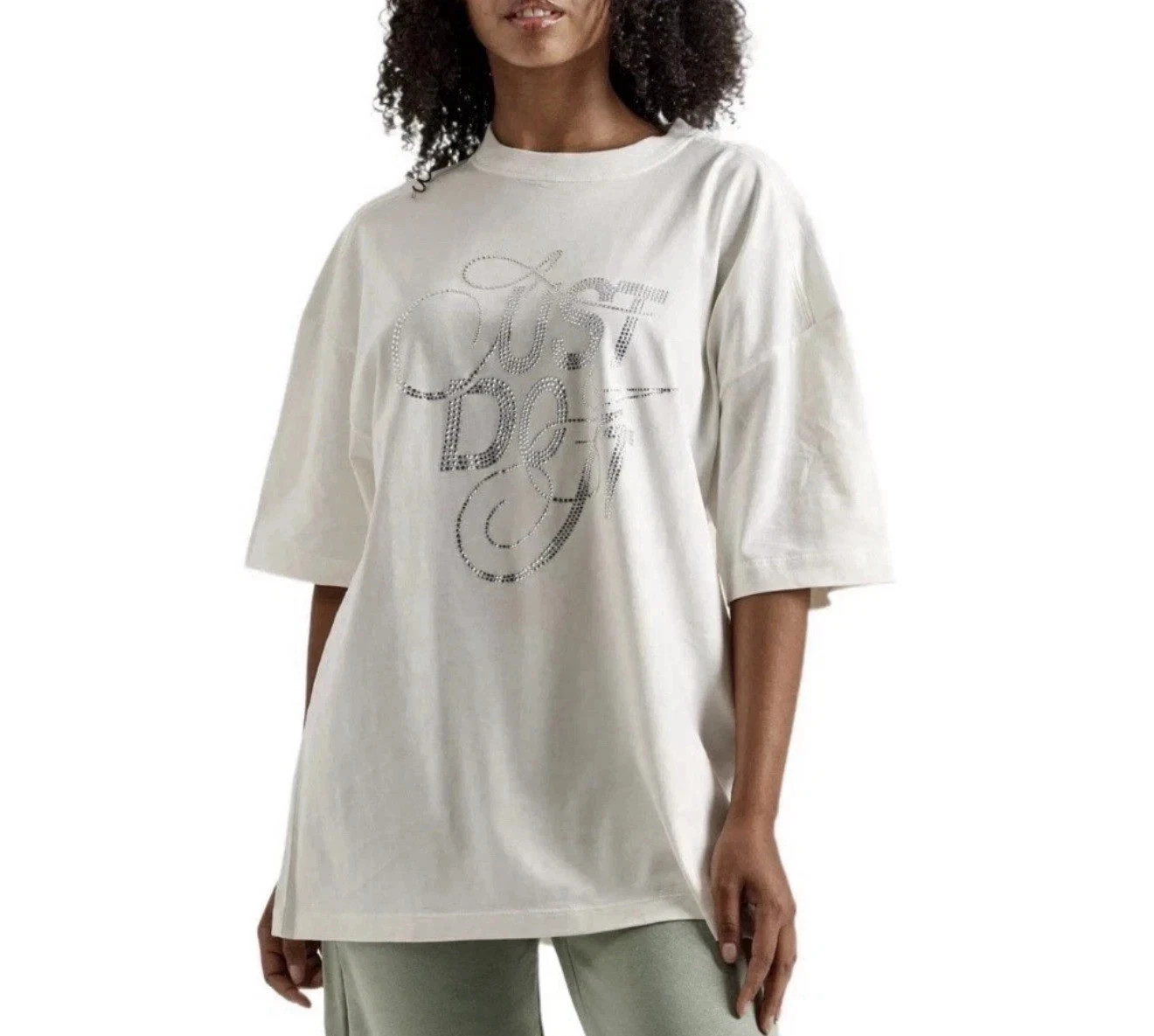 Nike JUST DO IT Oversized Rhinestone Women\'s shirt bling tshirt NWT sz Small S