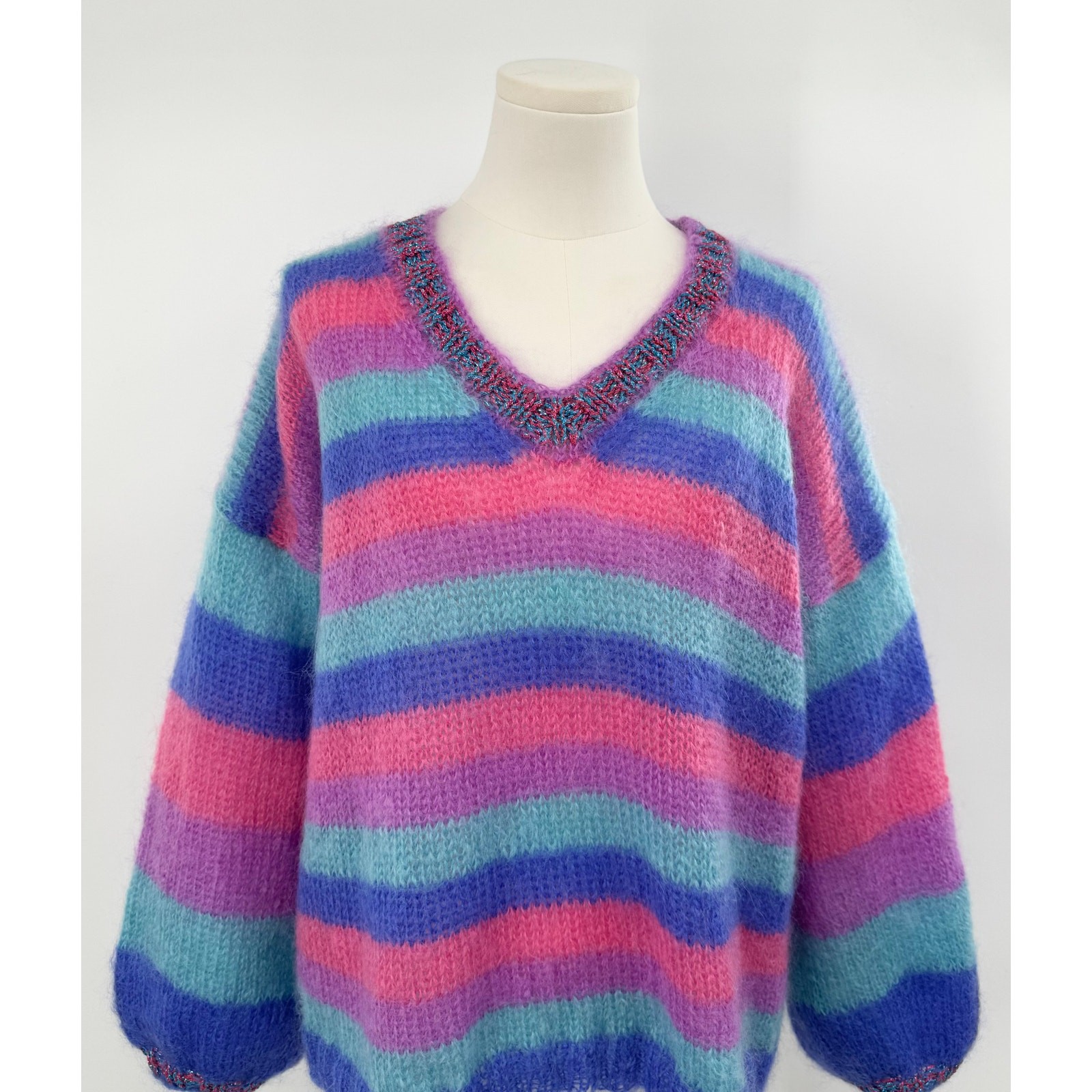 Rose Carmine Mohair Wool Stripe V-Neck Sweater Pink Blue Metallic Handmade S