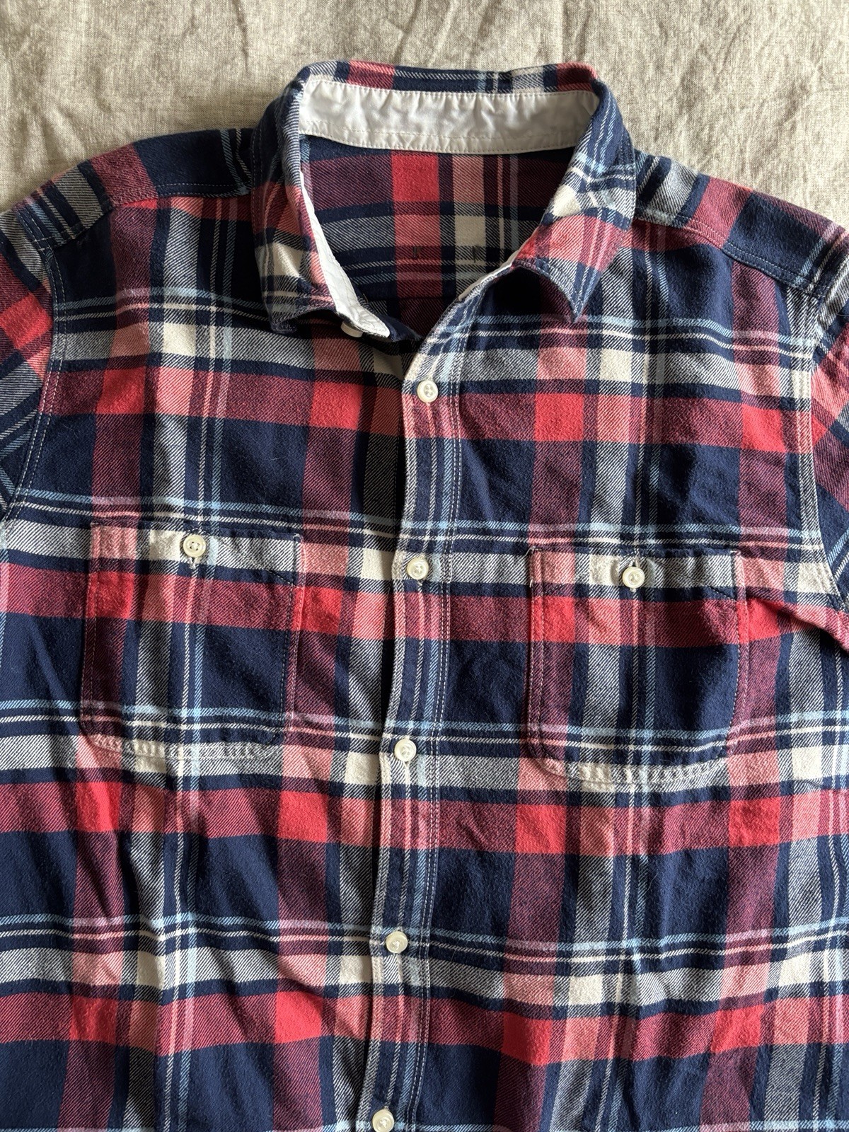 Slowcoast Upcycled Plaid Flannel Shirt Mens L Navy Red Pink Davenport California