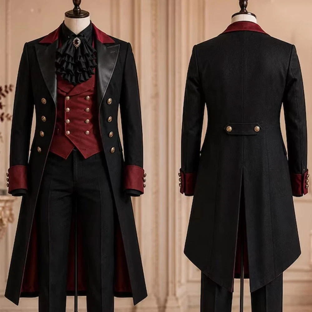 British 3pcs Men's Suit Black &Red Wedding Tuxedo Evening Party Prom Long Coat
