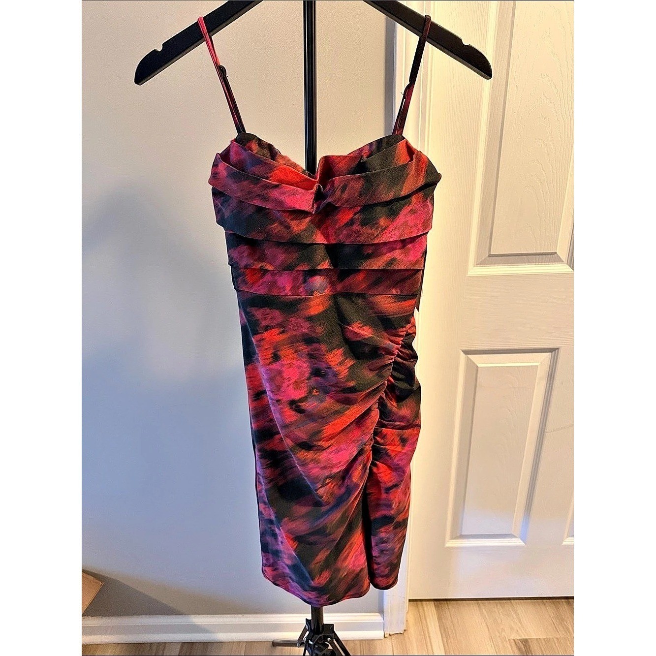 City Studio Red Black Abstract Ruched Midi Dress NWT Small