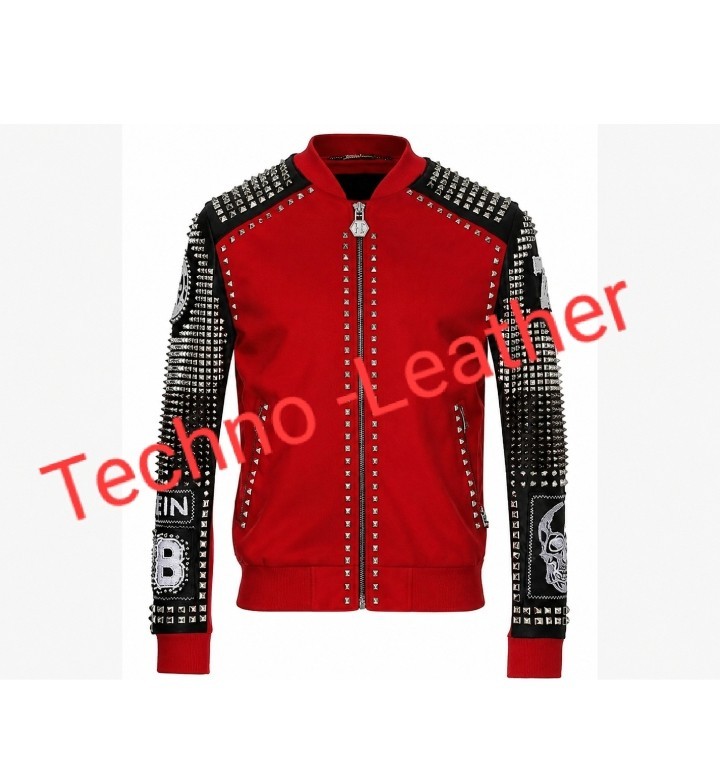  Red and Black Full Silver Studded Embroidery Patches/leather jacket