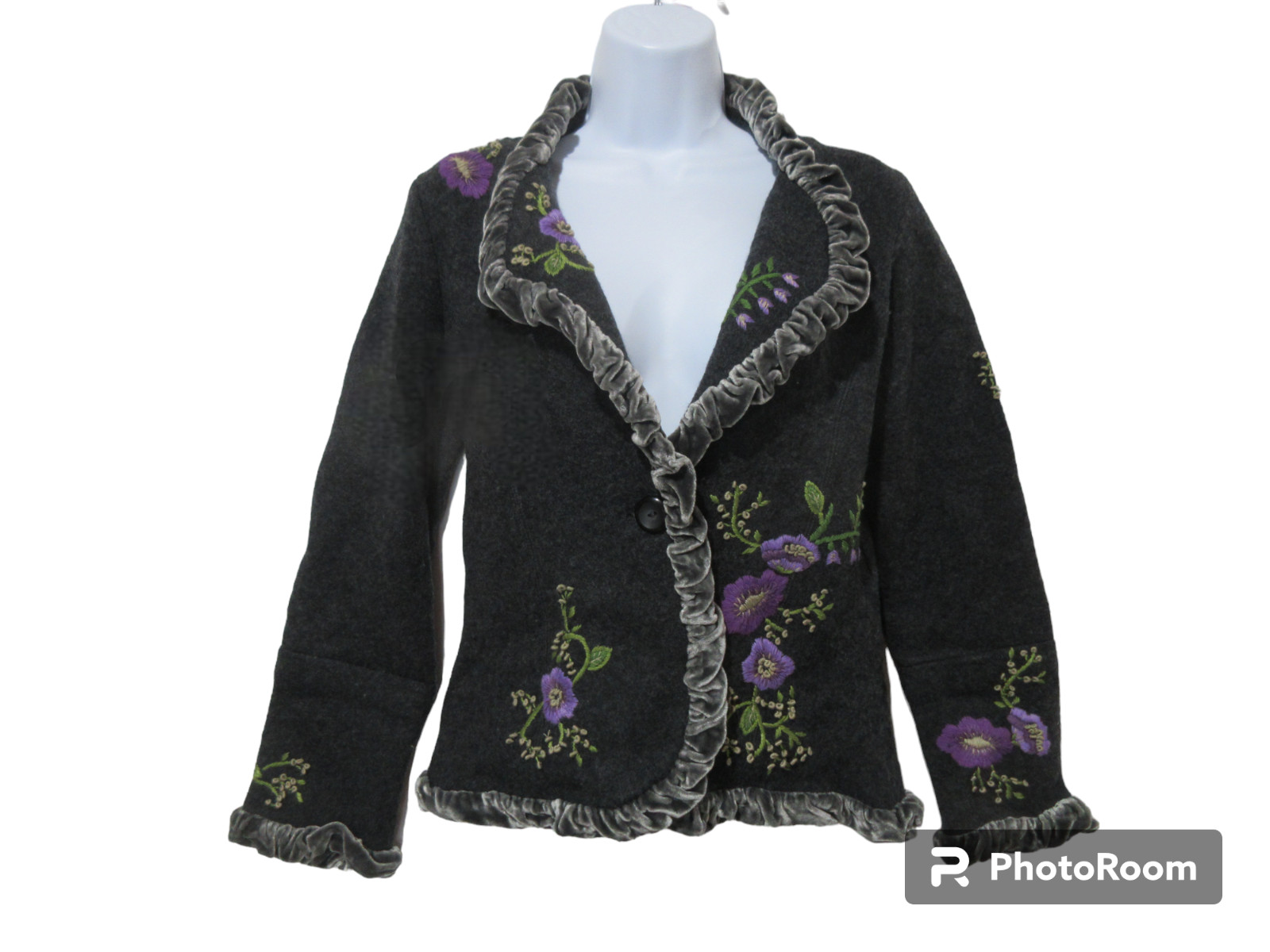 Sz M Vintage UNIQUE JON Cardigan EMBROIDERED Wool Sweater Velvet Trim Y2K Fairy