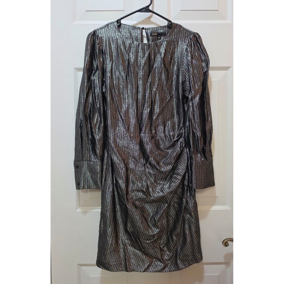 Maje Ralery Metallic Lurex Ruched Cocktail Dress Silver Argent Size M FR 38