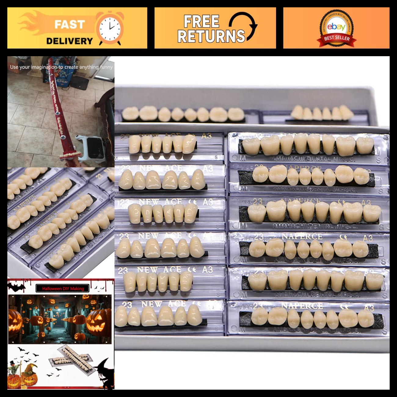 168-Piece Halloween Fake Teeth Set - Vampire Fangs, Monster Decor, Tooth Display