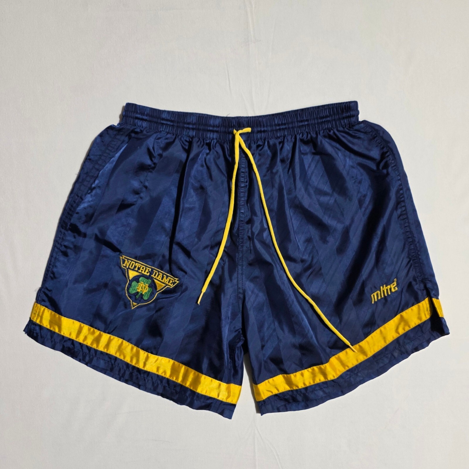 Vintage 90s Notre Dame Fighting Irish Mitre Soccer Shorts Navy Gold Nylon L NCAA