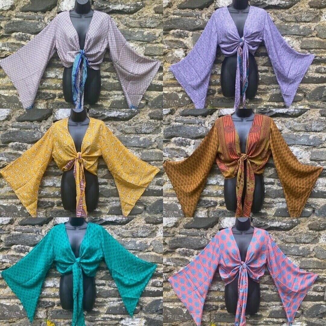 Vintage 15 Pc Indian Silk Saree Recycle Bell Sleeve Crop Top Retro 60s Clothing
