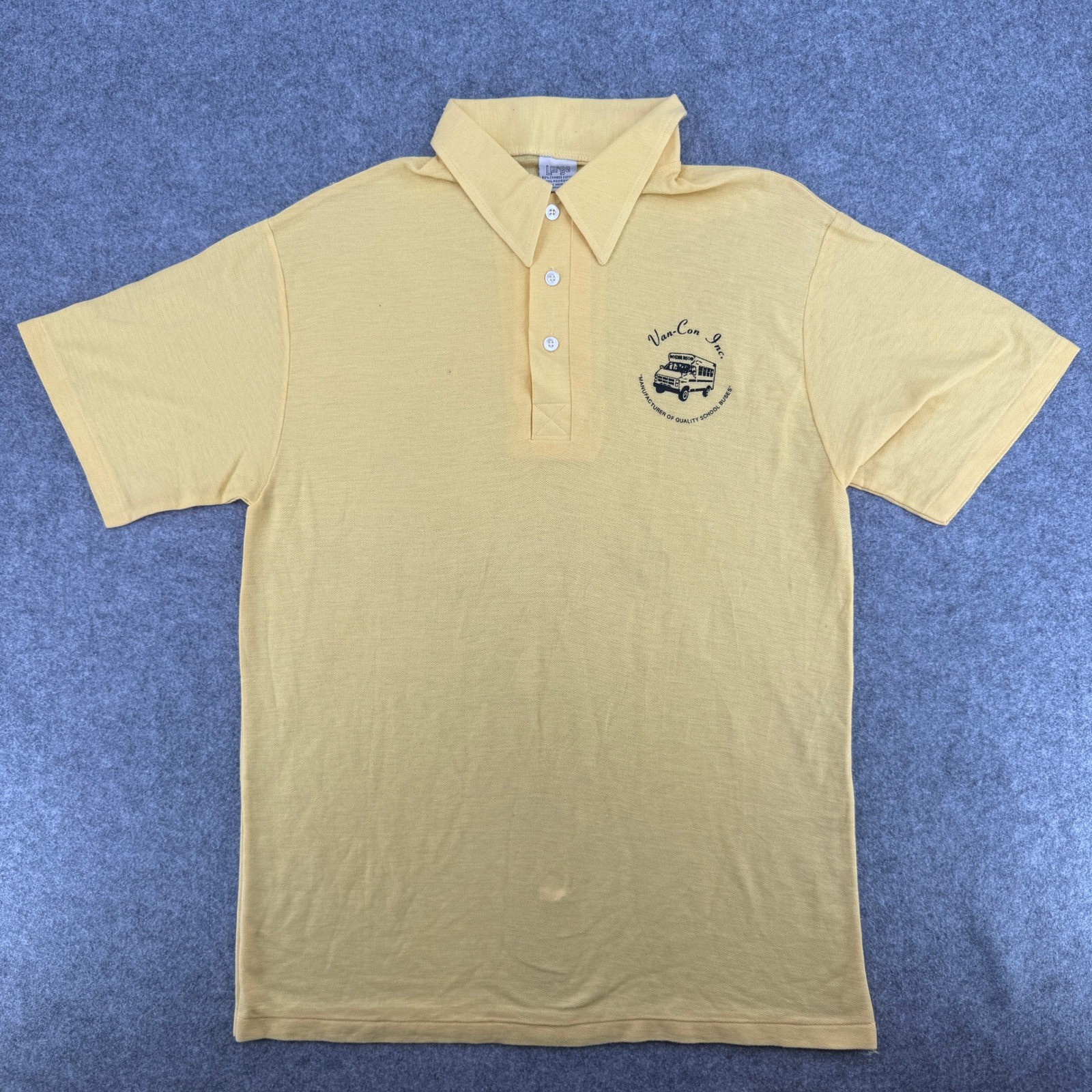 VTG Van-Con Inc Polo Shirt Mens Large School Bus Graphic Yellow Single Stitch