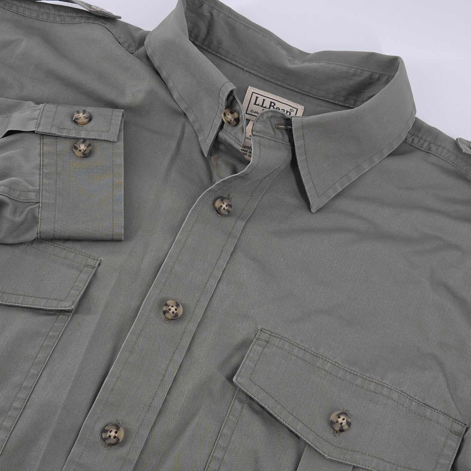 L.L. Bean Field Shirt Mens Large Green Cotton Twill Military Epaulet Safari