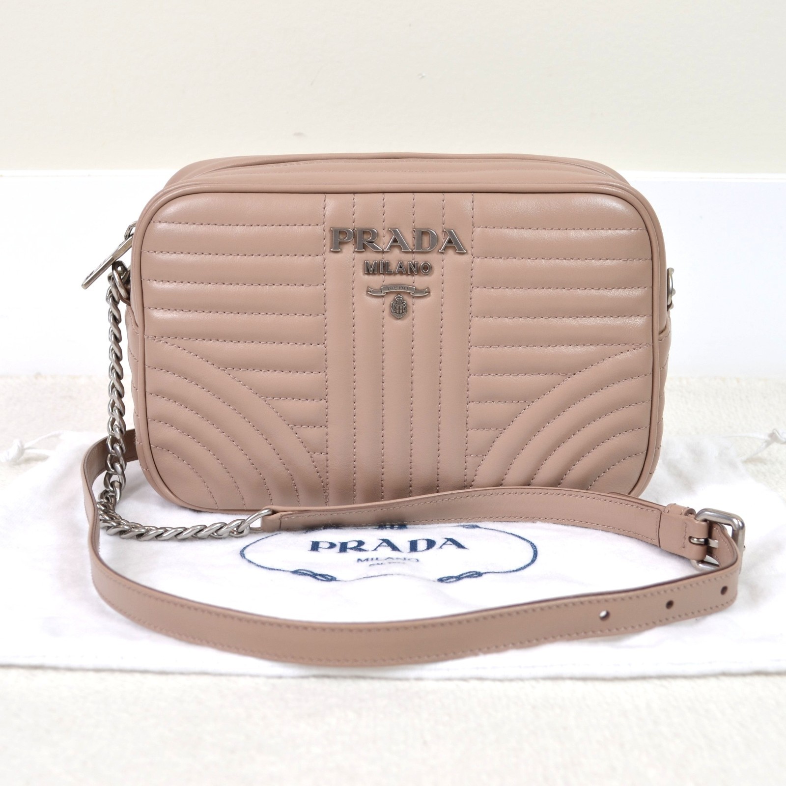 Prada Diagramme Dusty Pink Leather Camera Crossbody Shoulder Bag Purse Handbag