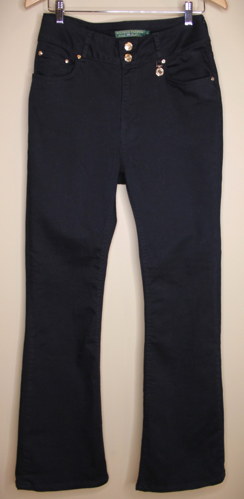 HOLLAND COOPER High Rise Flared Jeans Stay Black Denim Gold Hardware Size US 10