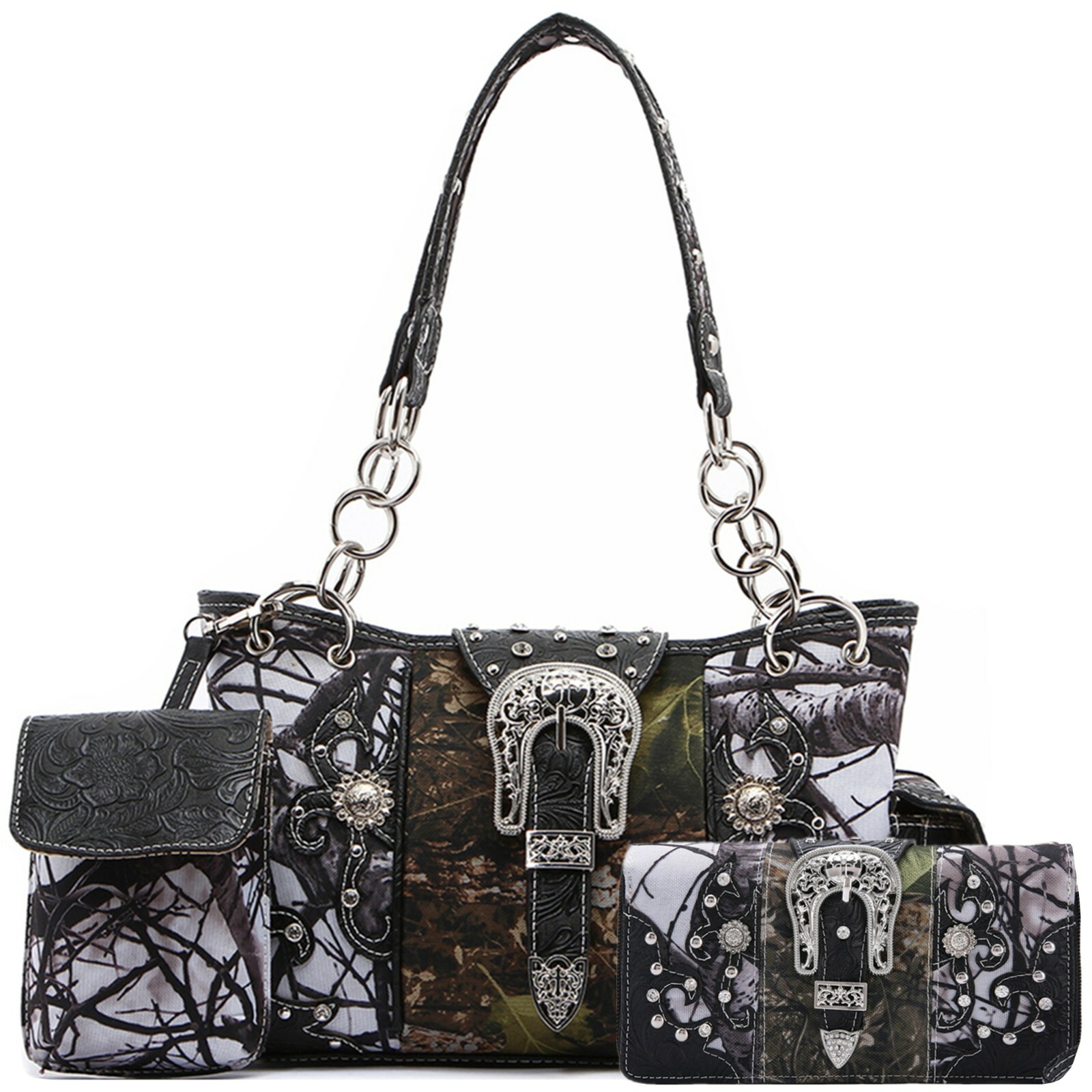 Western Camouflage Purse Women Camo Buckle Handbag Shoulder Bag Wallet Pouch Set