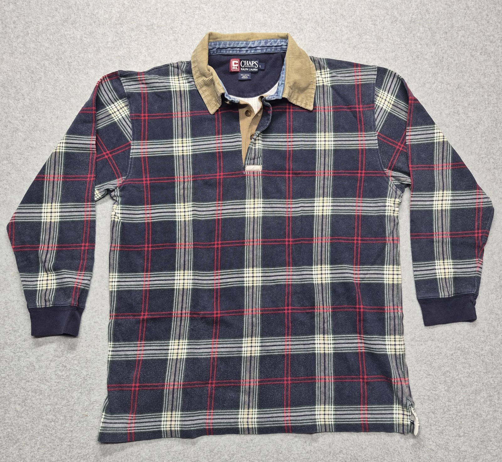 VTG Chaps Ralph Lauren Polo Shirt Mens L Multicolor Rugby Plaid Corduroy 90s
