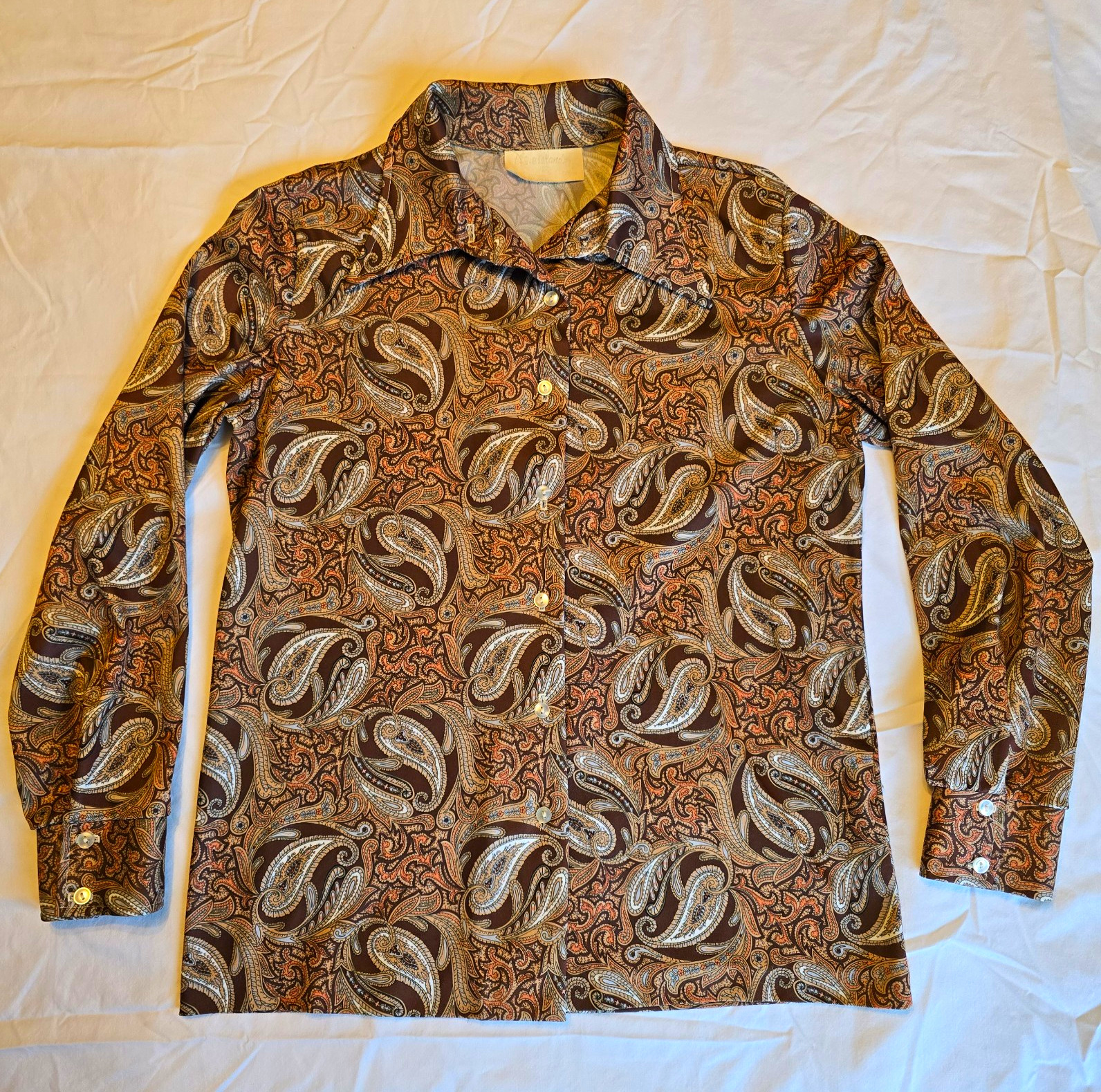 VTG 1970s Horelander Paisley Blouse Butterfly Pointed Collar Orange Brown M L
