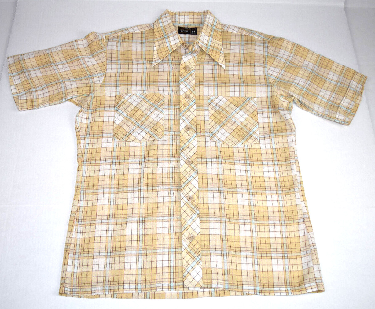 Vintage 70s JCPenney Plaid Shirt Golden Tan Blue Window Size M Cobain Special