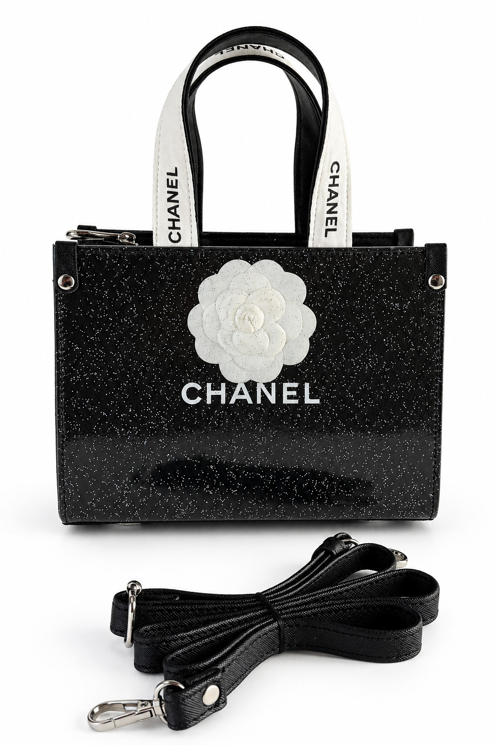 Custom Chanel Shopping Bag Tote Black Glitter Camellia Crossbody