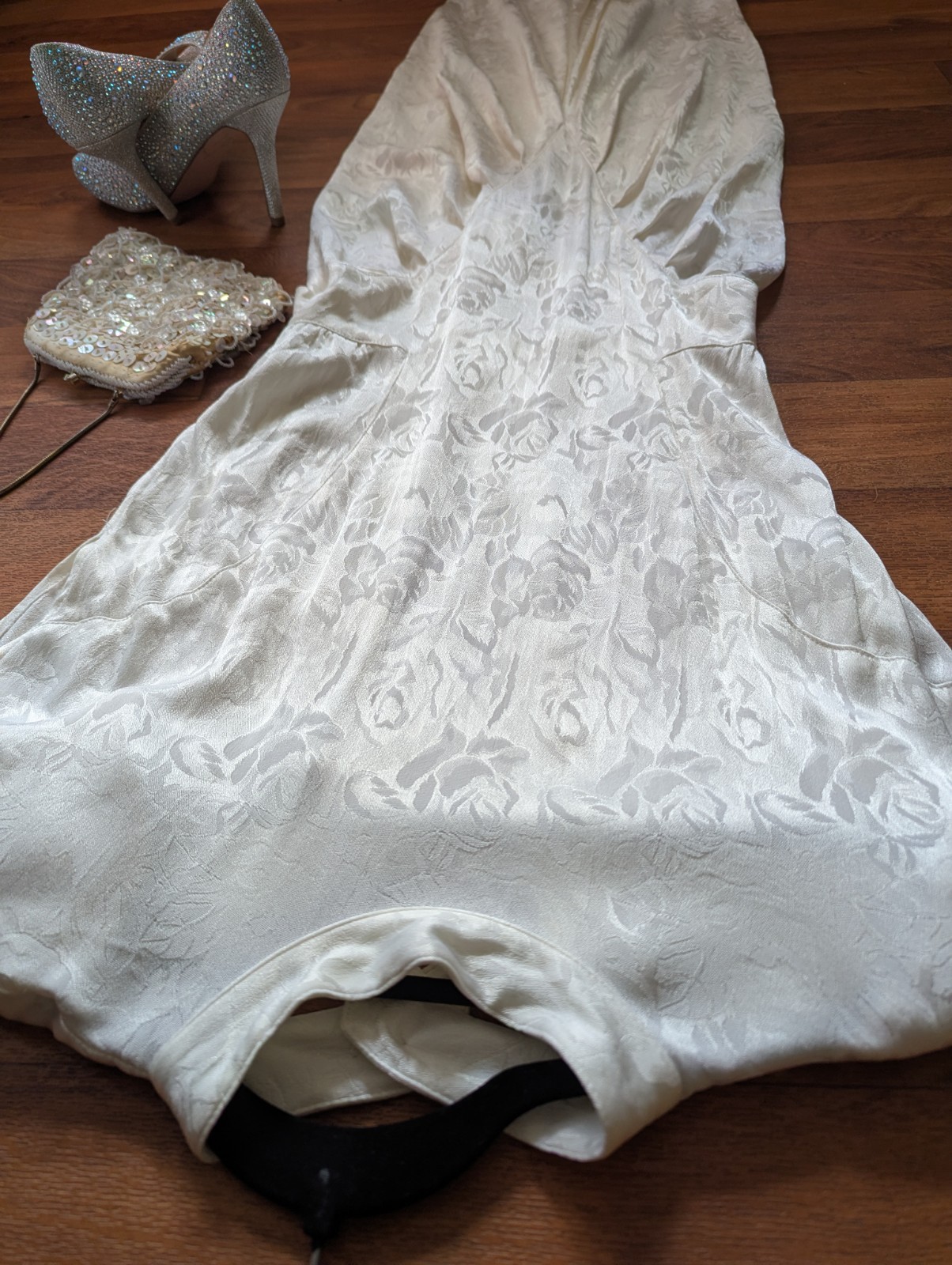 b.b.collections by barbara barbara Ivory Jacquard High Neck Cap Sleeve Gown