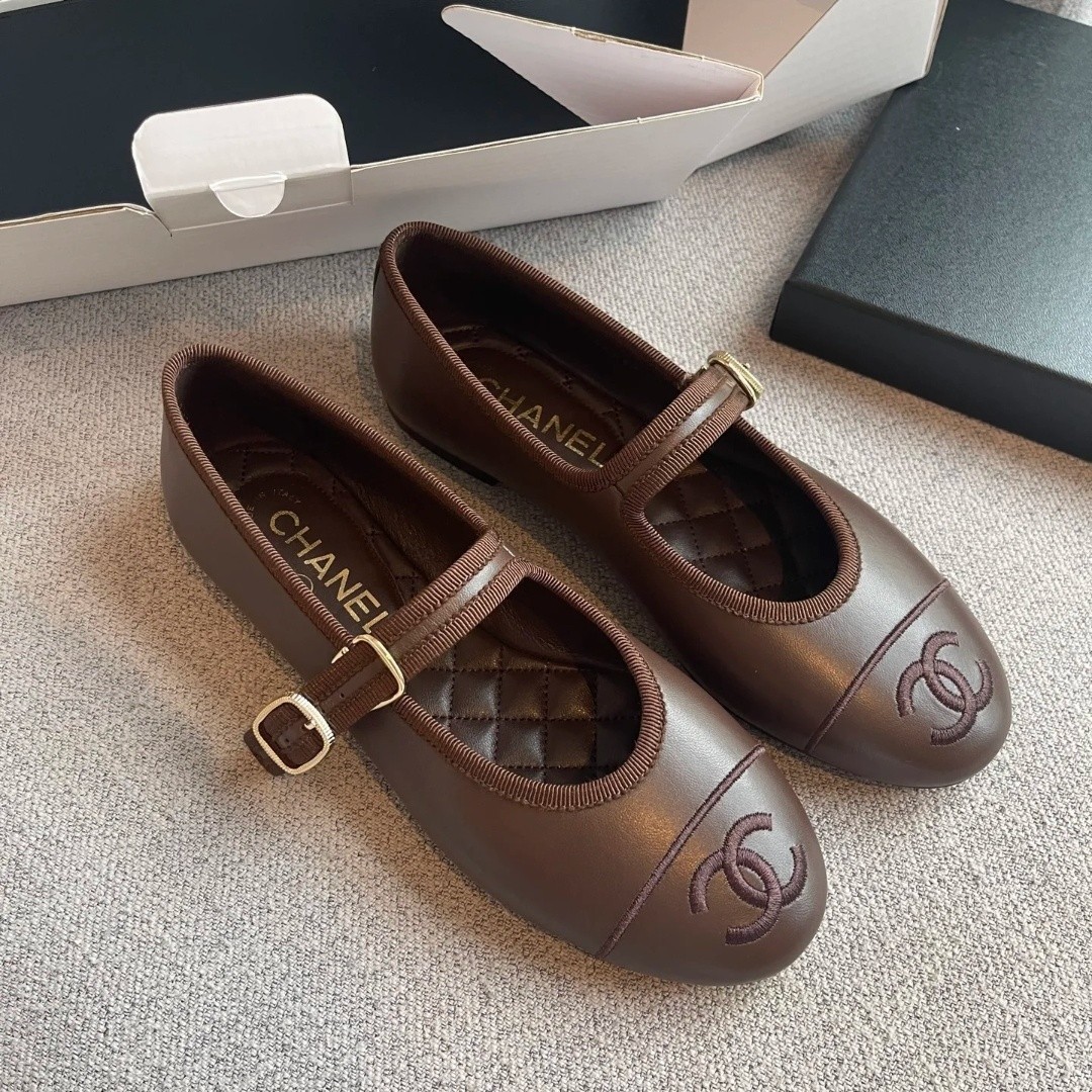 CHAN EL Brown Ballet Flats Mary Leather CC Logo Cap Toe Size 35 36 37 38 39 40