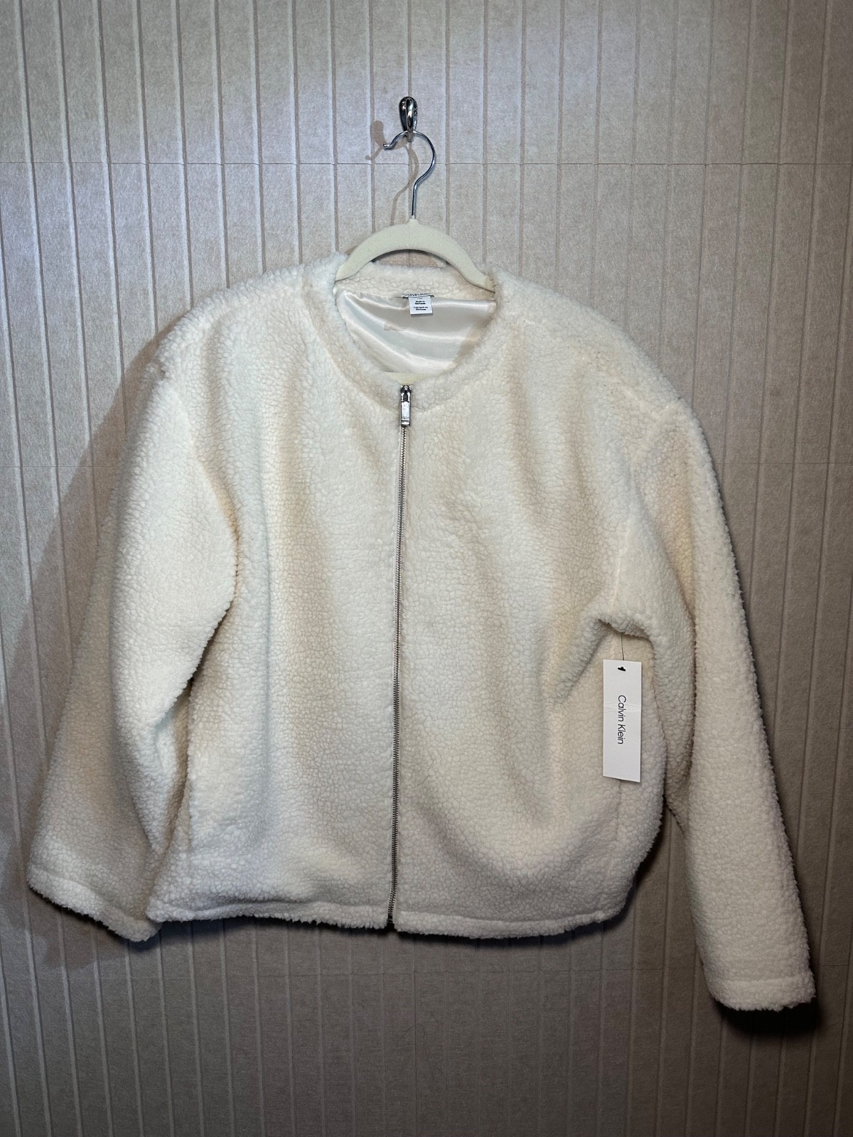Calvin Klein Womens LARGE Sherpa Jacket Tofu Faux Shearling Full Zip NWT