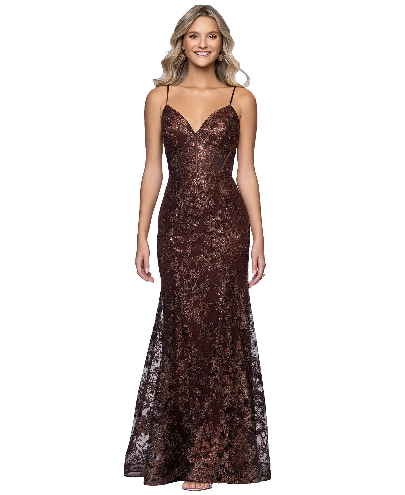 Blondie Nites Juniors Ball Gown 11 Brown Lace Up Back Glitter V-Neck NWT $219