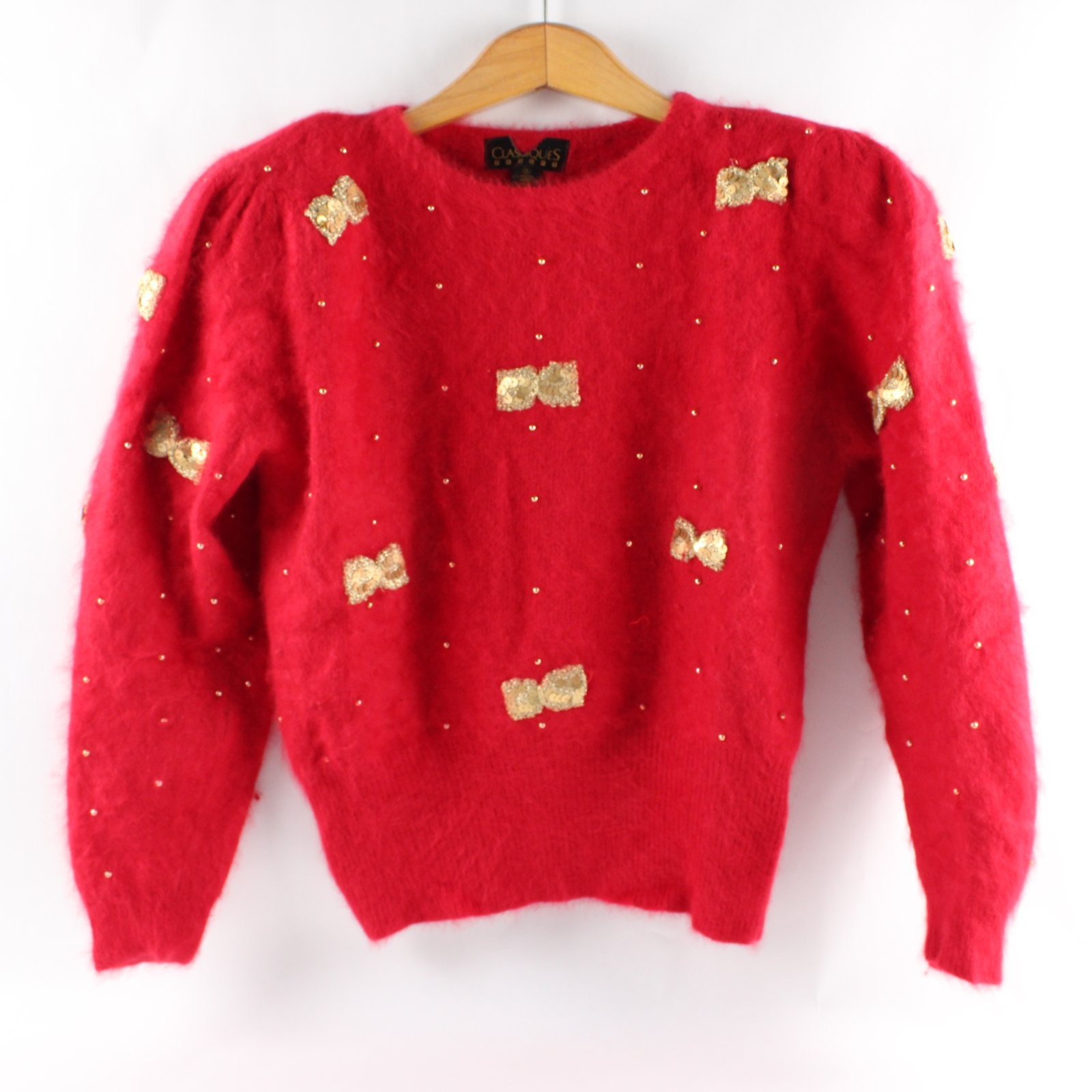 Vintage Classiques Women\'s S Red Angora Blend Sequin Bow Sweater