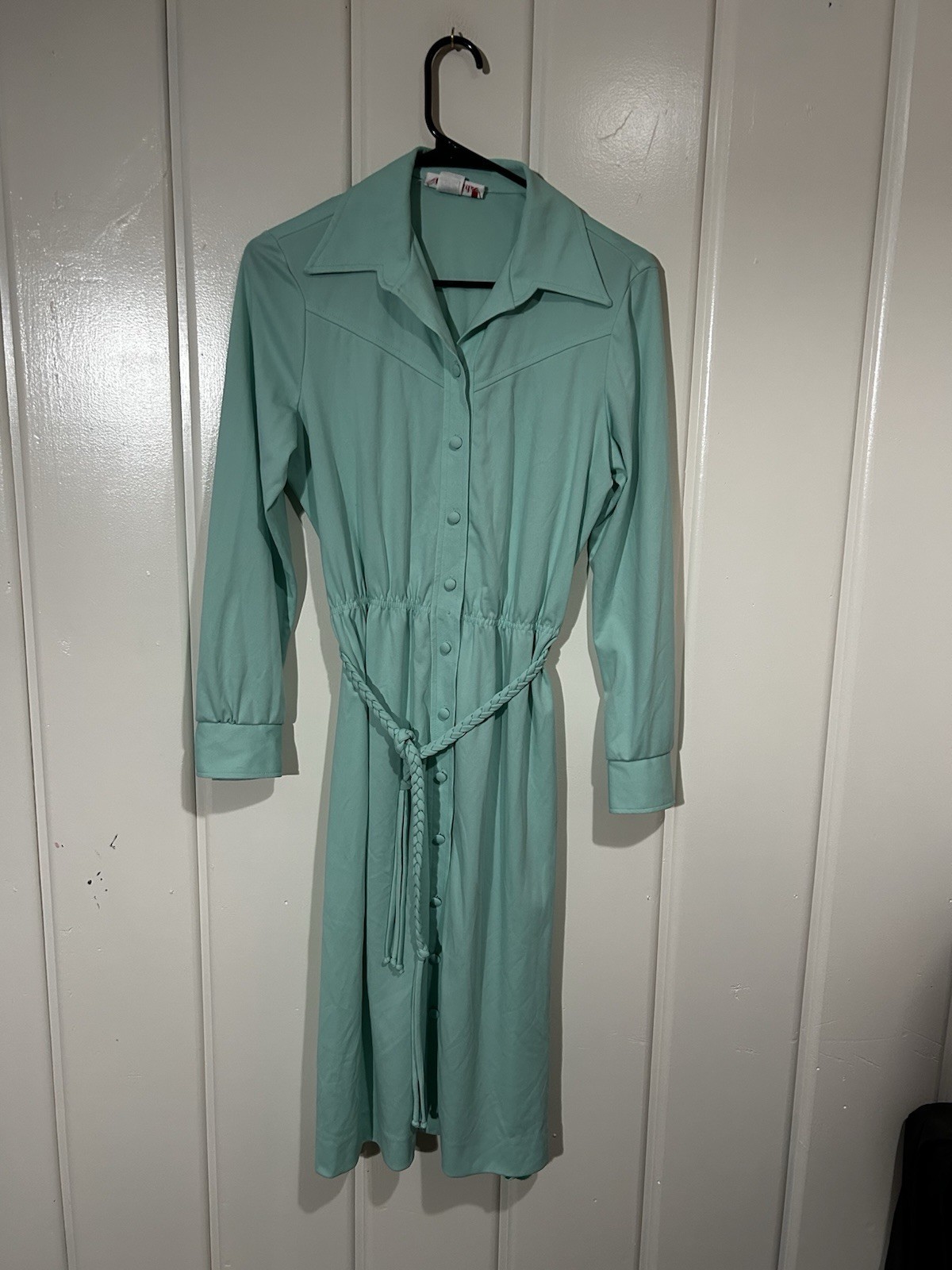 Vintage 70s Country Miss Dress 14 Aqua Blue Belted Shirt Dress USA ILGWU