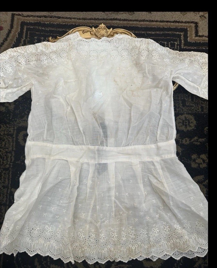 Antique White Doll Dress Baby Or Large Doll Dress Lacey Embroidery