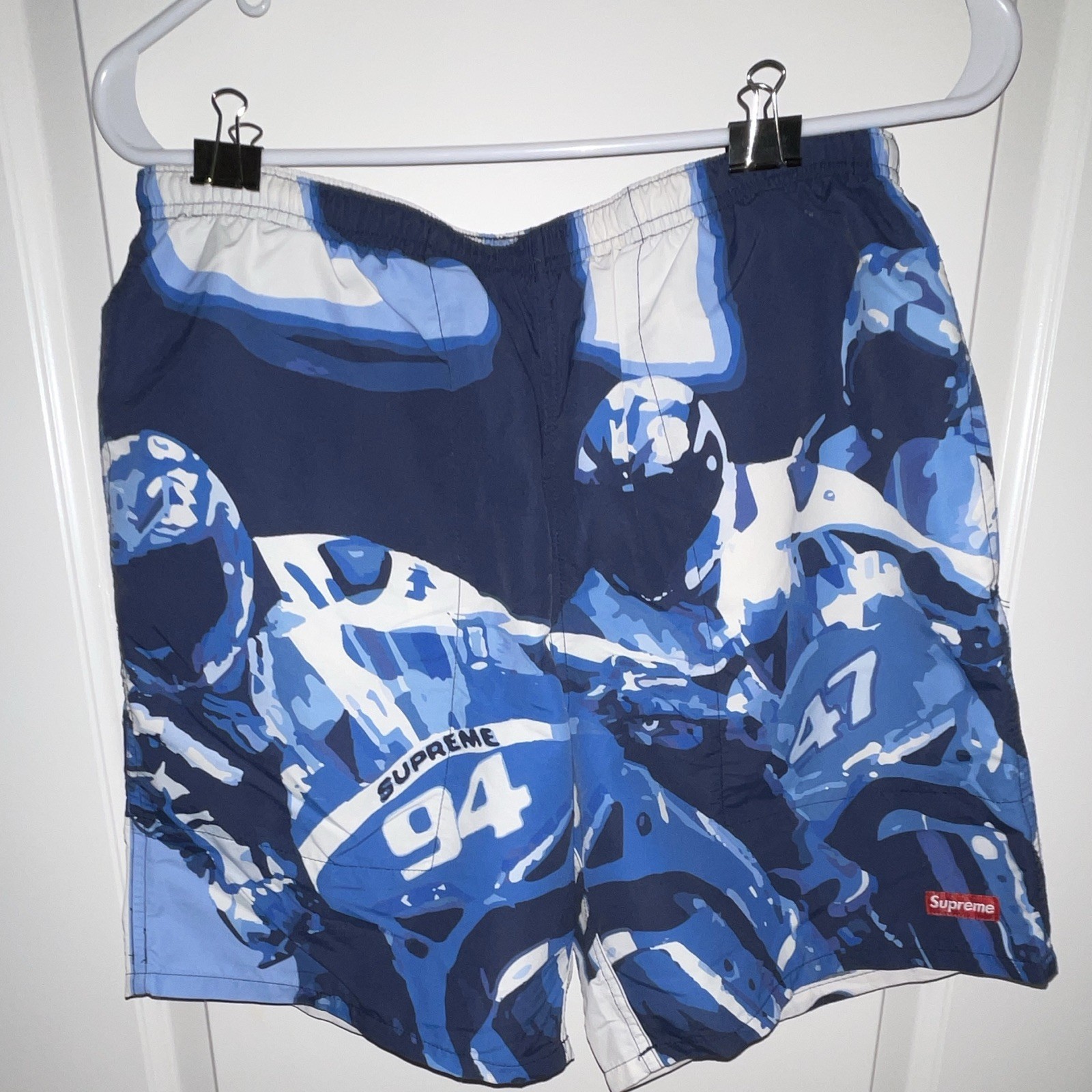 Supreme Men\'s Blue/White Graphic Logo Swim Shorts S Drawstring Elastic Lined
