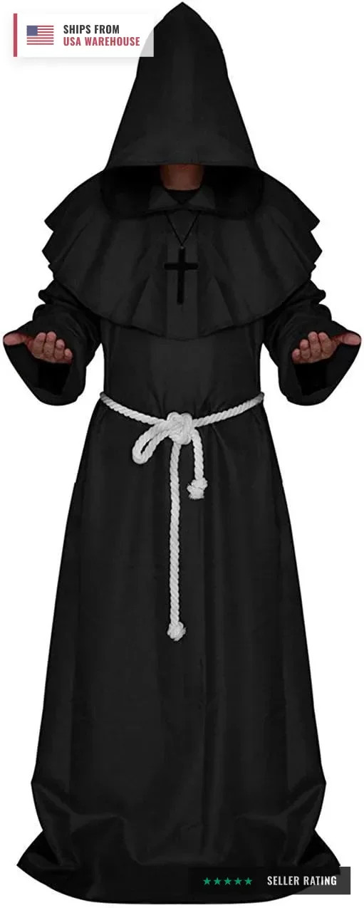 Friar Medieval Hooded Monk Renaissance Priest Robe Costume Cosplay
