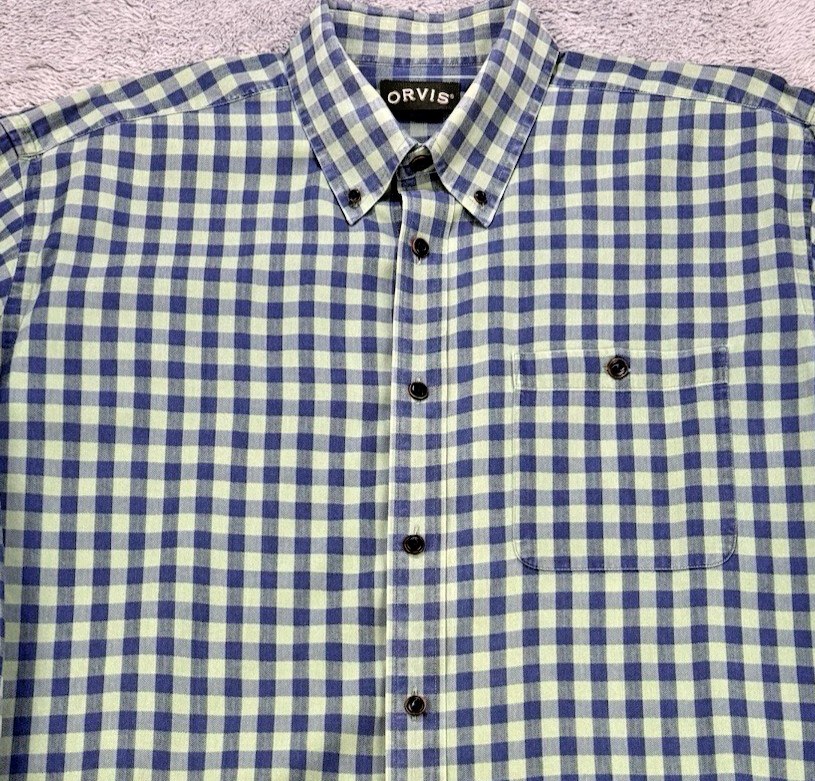 Orvis Shirt Men XL Green Gingham Check Indigo Dyed Button Down LS