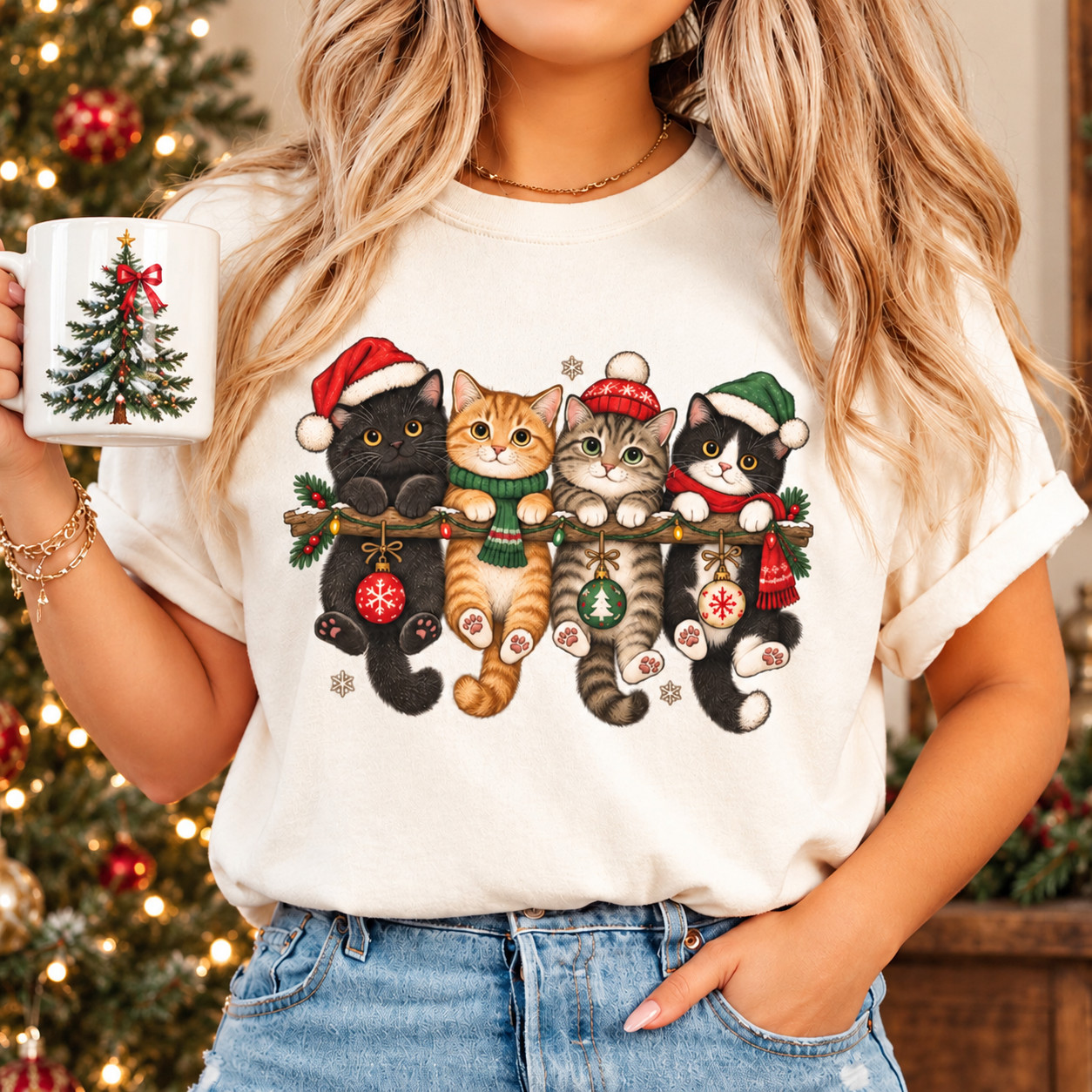 HOT Christmas Cat Shirt, Vintage Cat Christmas Tee, Cute Kitten Shirt