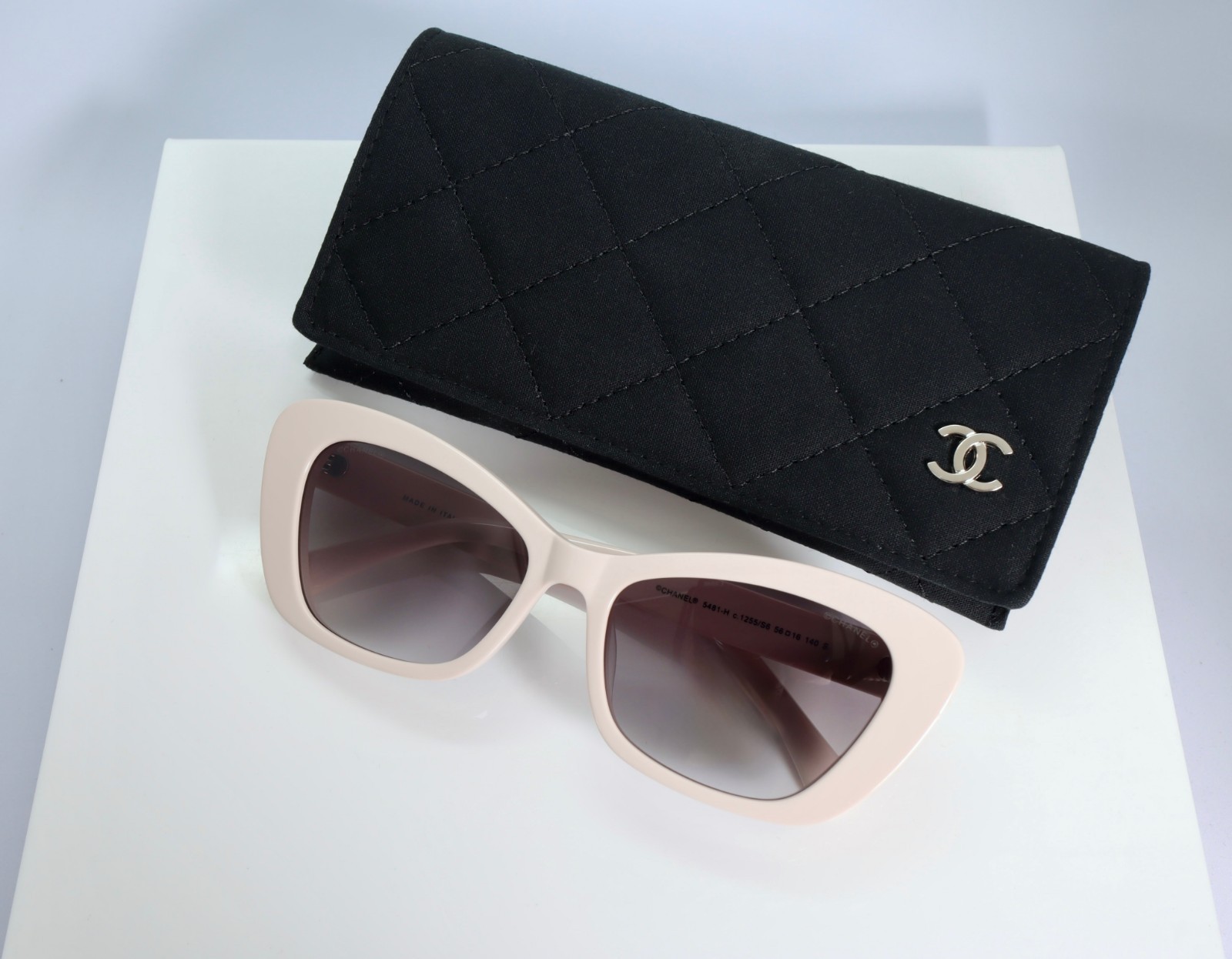 Chanel CH5481 56mm Cat Eye Sunglasses in White w. Gray Lens Pearl Arms